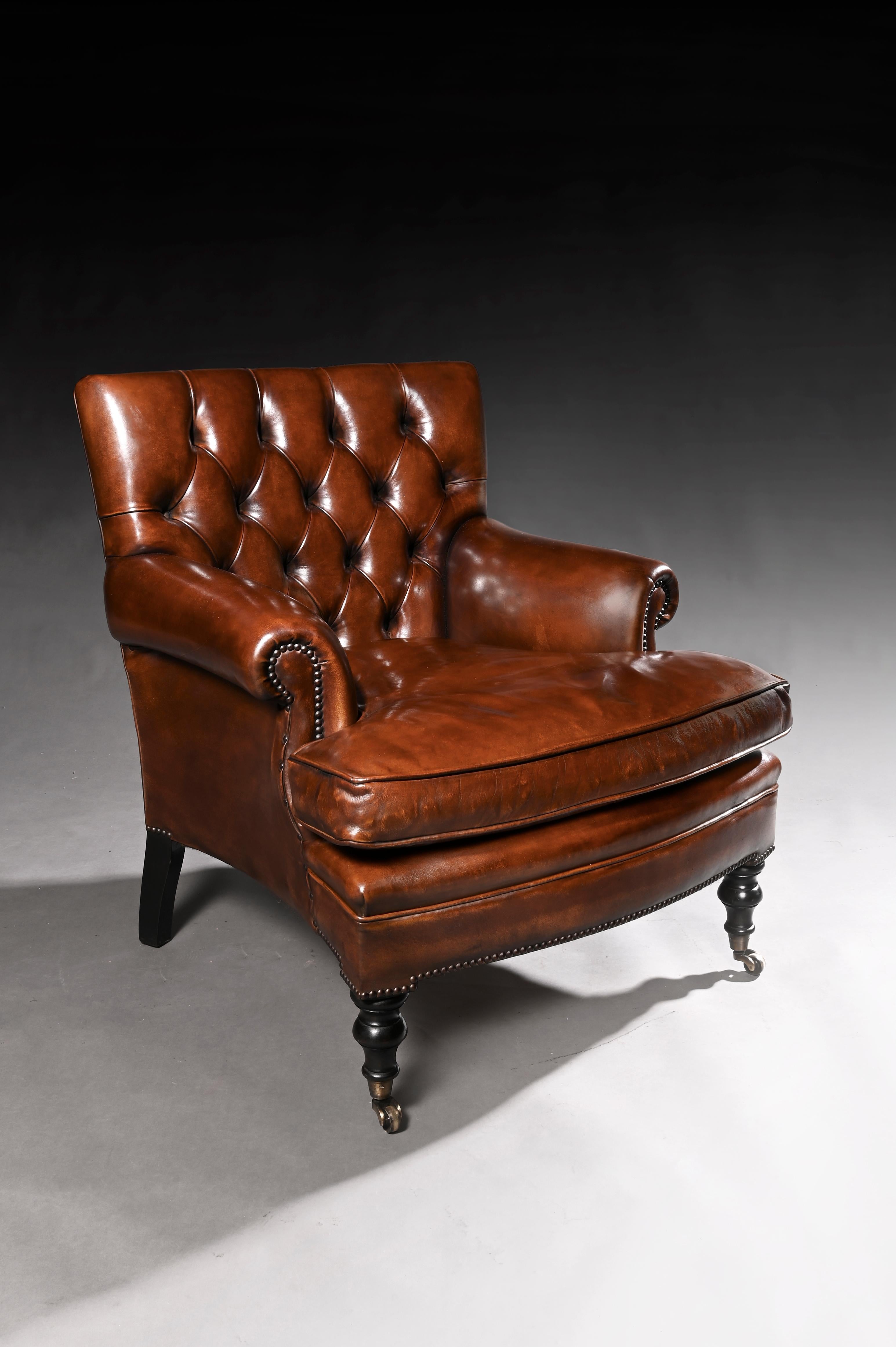 Victorian Leather Upholstered Buttoned Back Armchair For Sale