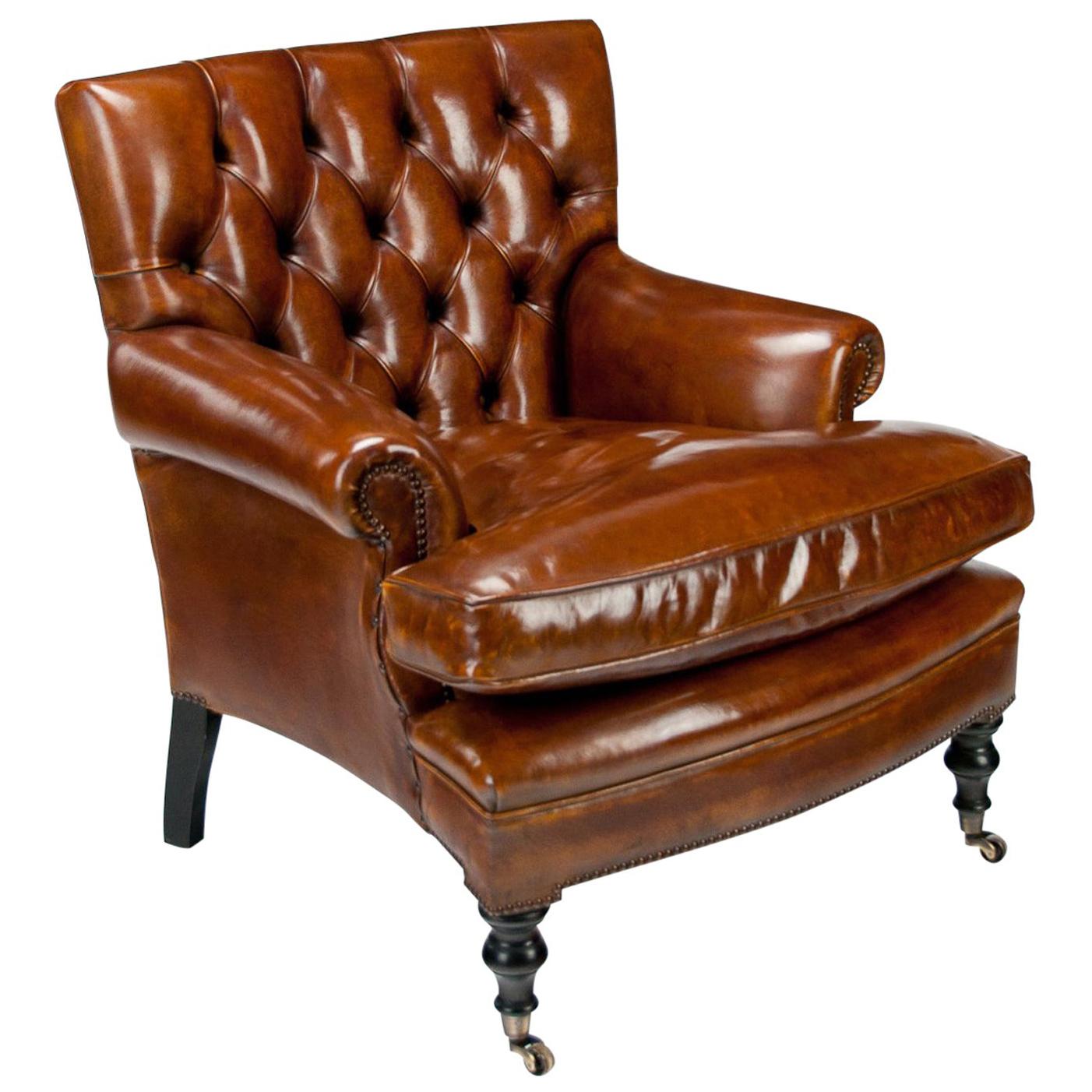 Leather Upholstered Buttoned Back Armchair For Sale