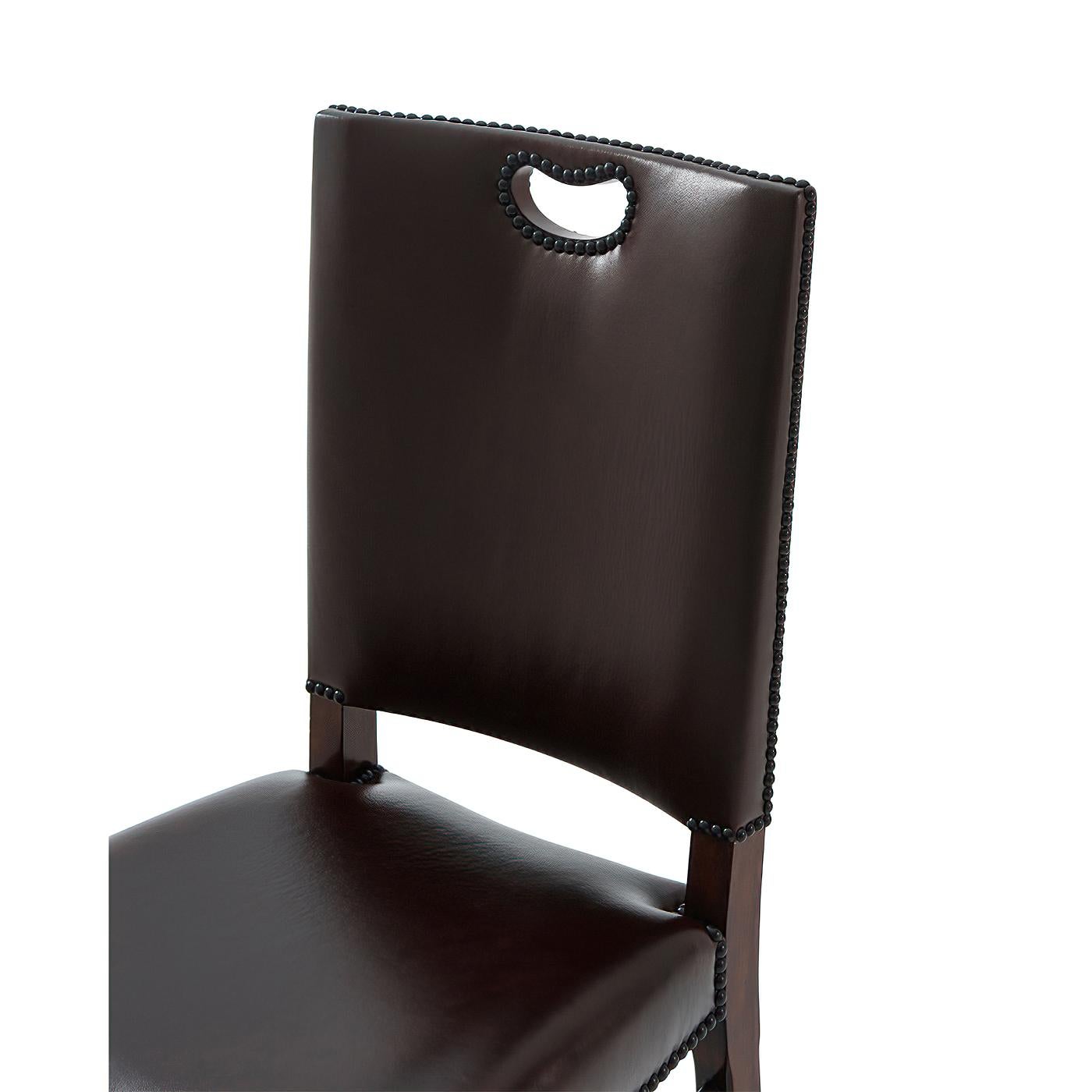 Contemporary Leather Upholstered Campaign Side Chair For Sale