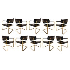 Leather Upholstered Cantilevered Brass Dining Chairs, Set of 10