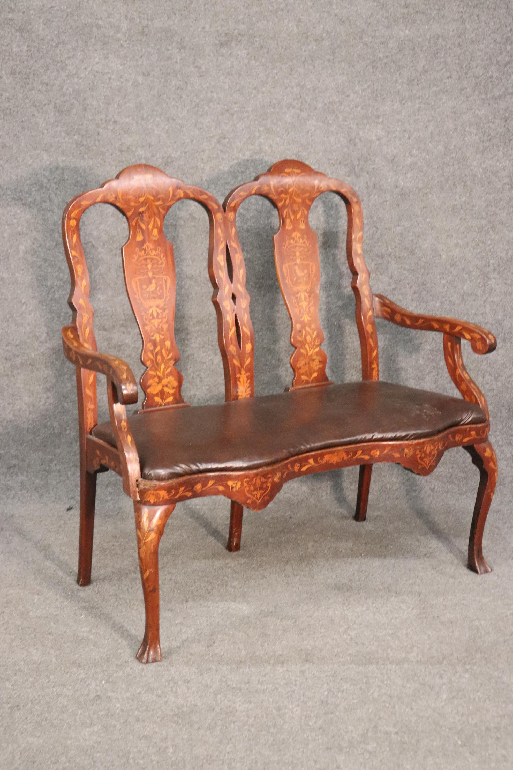 Dutch Colonial Leather Upholstered Dutch Marquetry Inlaid Window Bench Circa 1900 For Sale