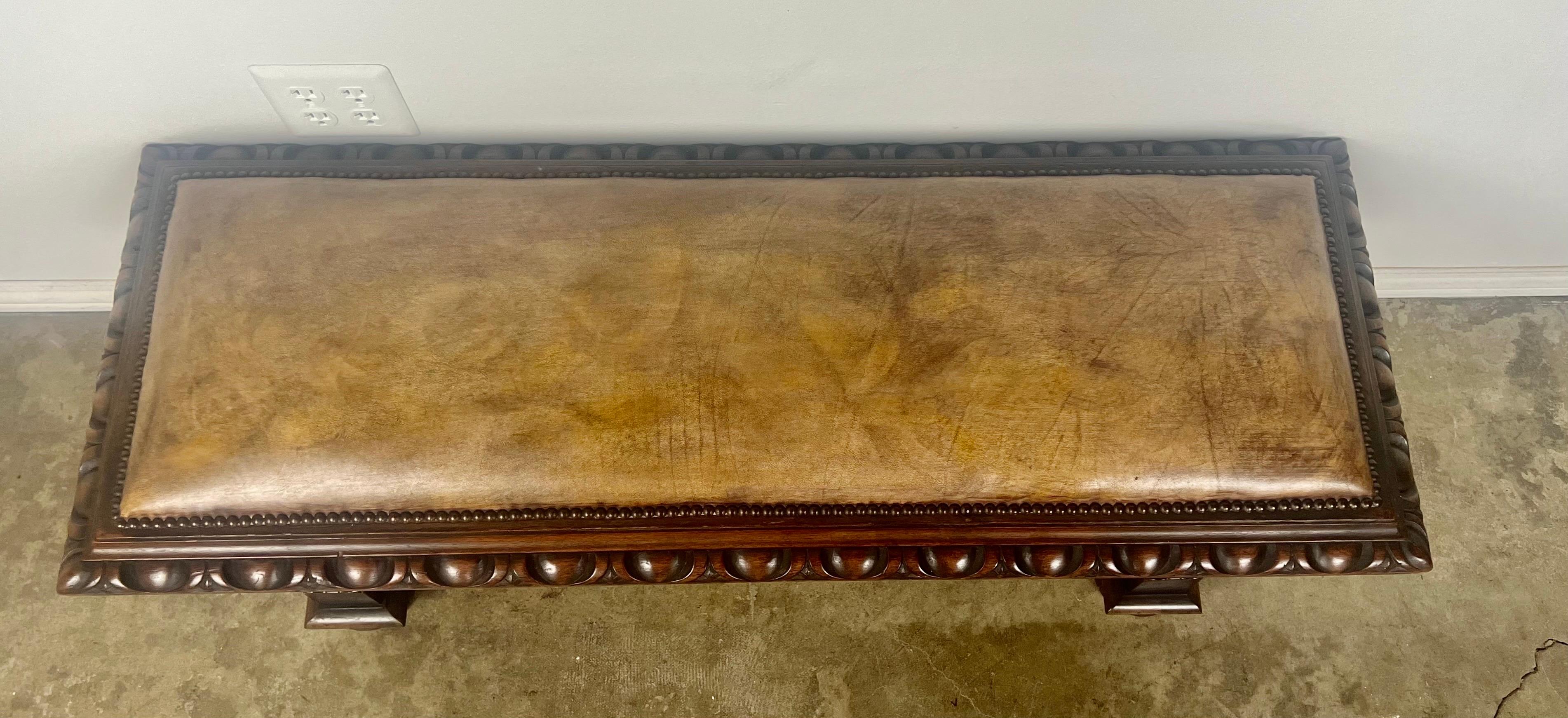 Italian Leather Upholstered English Bench w/ Egg & Dart Detail For Sale