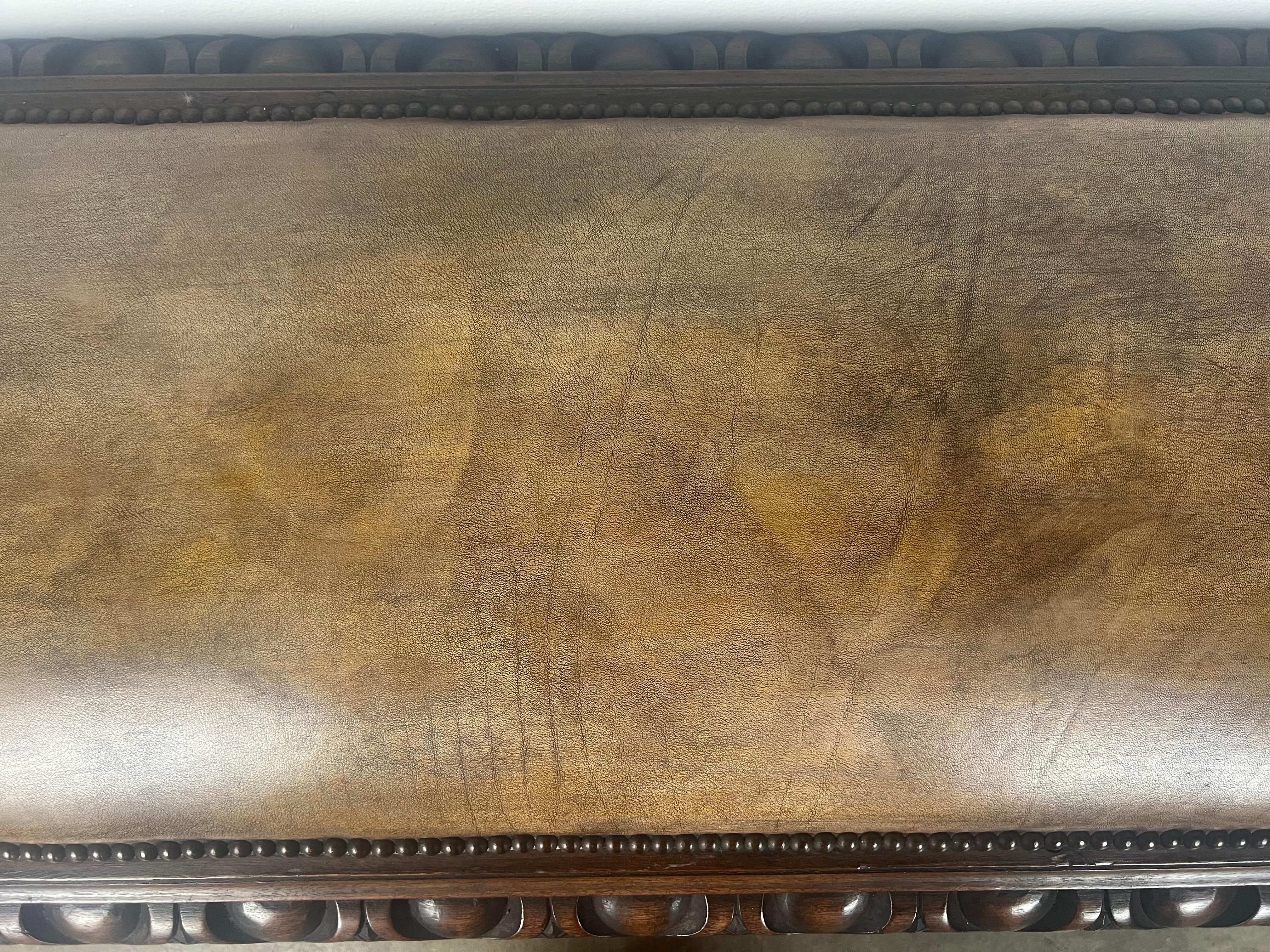 19th Century Leather Upholstered English Bench w/ Egg & Dart Detail For Sale