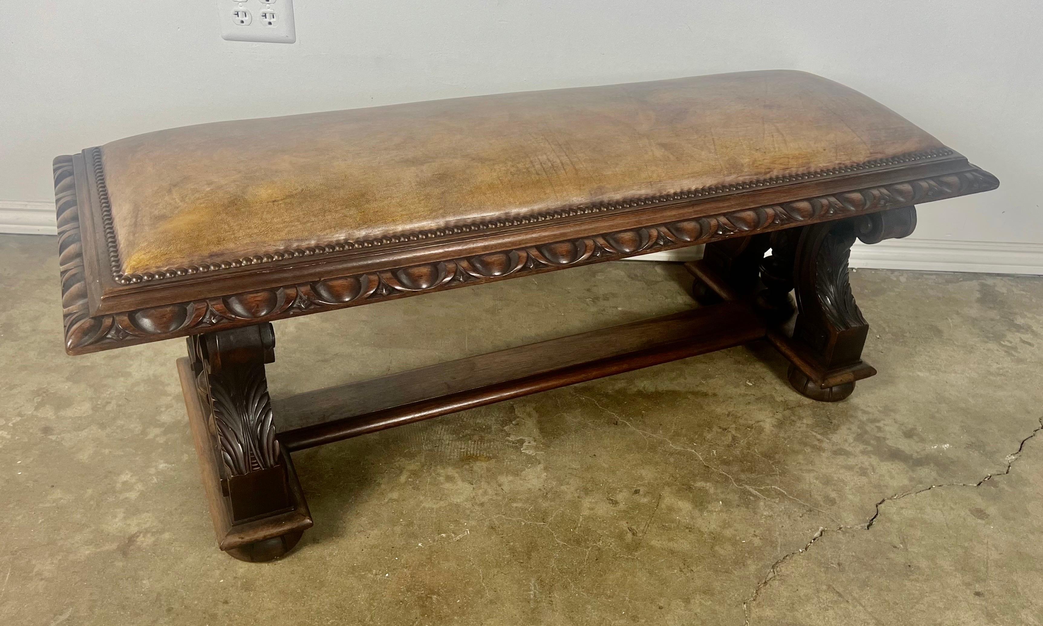 Leather Upholstered English Bench w/ Egg & Dart Detail For Sale 1