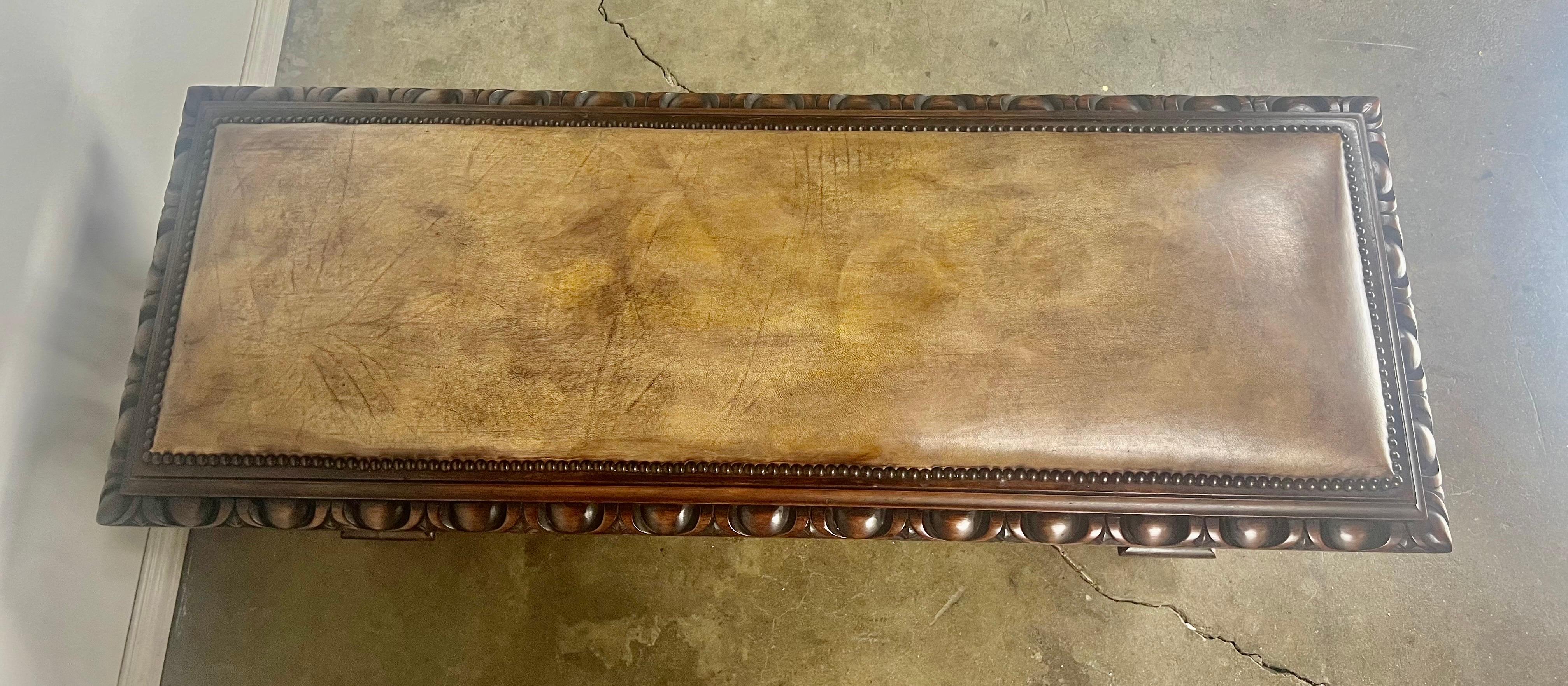 Leather Upholstered English Bench w/ Egg & Dart Detail For Sale 3