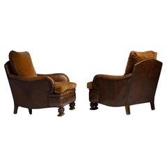 Leather & Velvet Club Chairs, France circa 1920