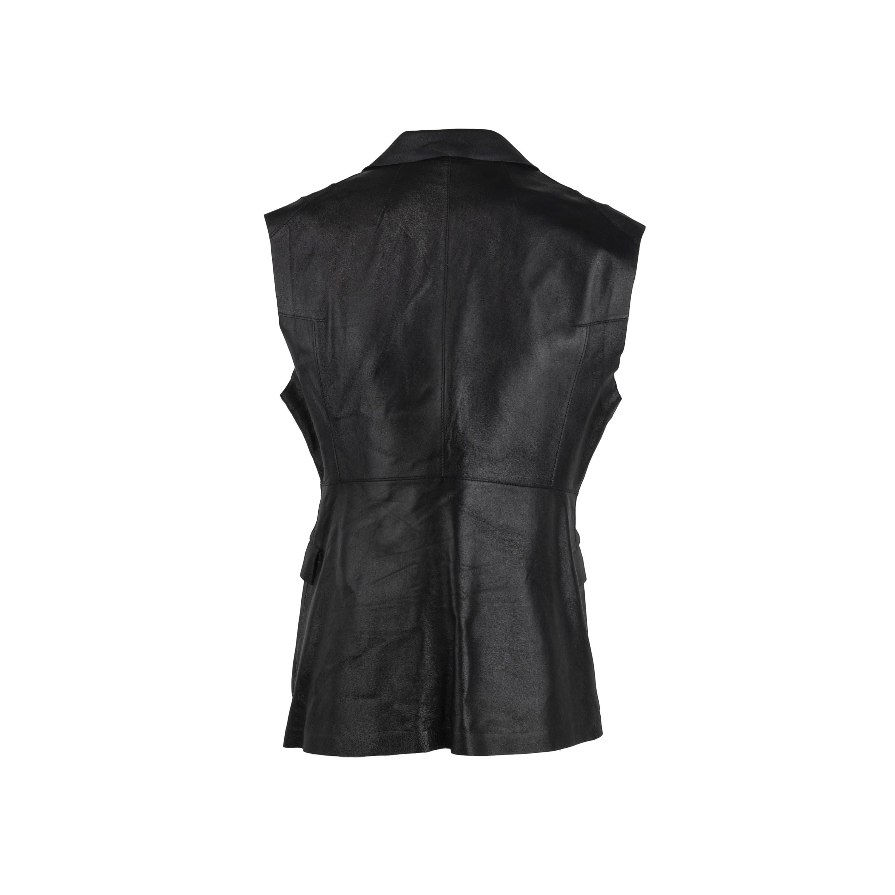 Costume National black leather vest. Lapels and crossed fastening. Total length:62; Bust:43; Shoulders:15;