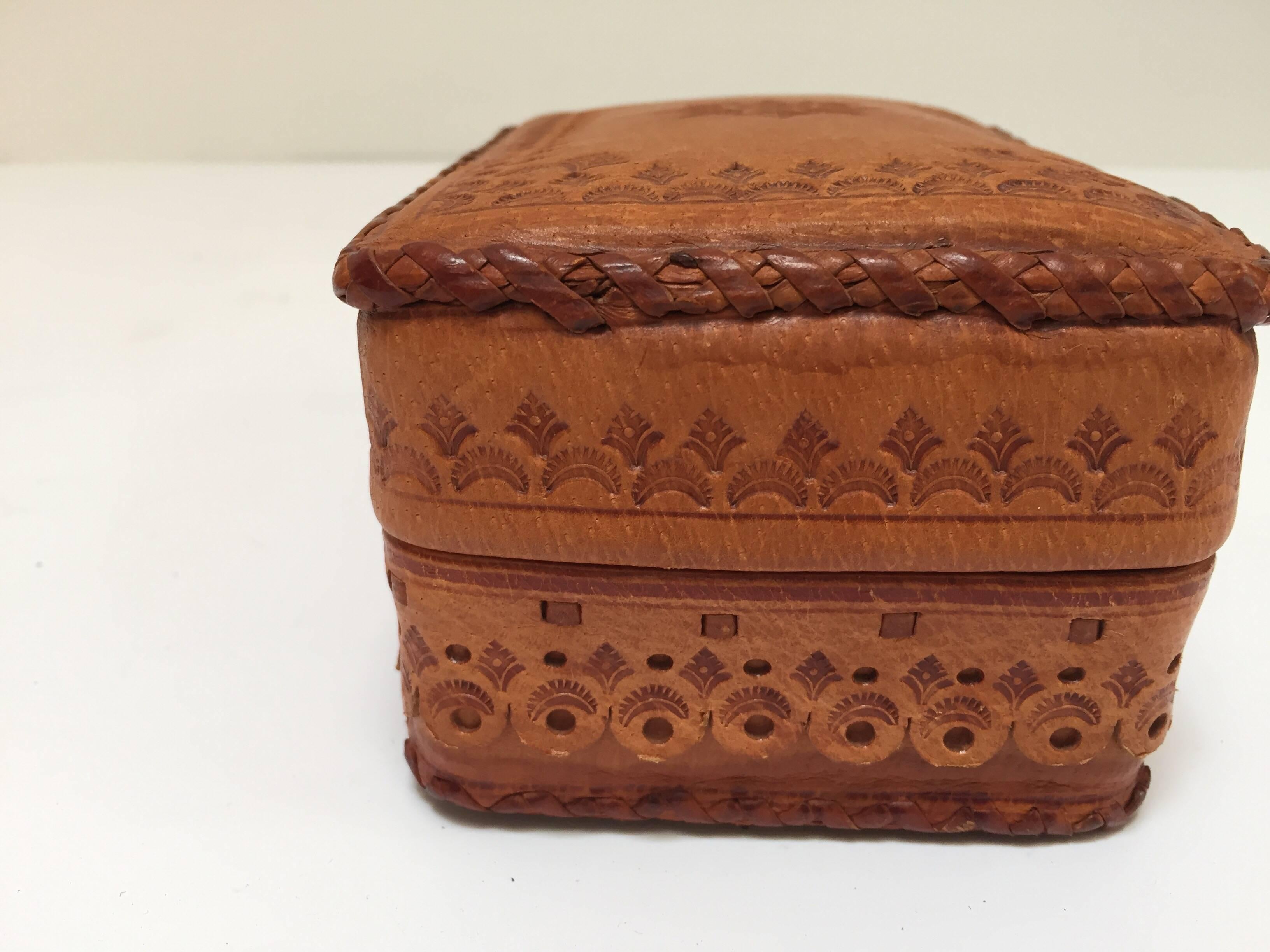 Leather Vintage Brown Box Hand Tooled in Morocco with Tribal African Designs 1