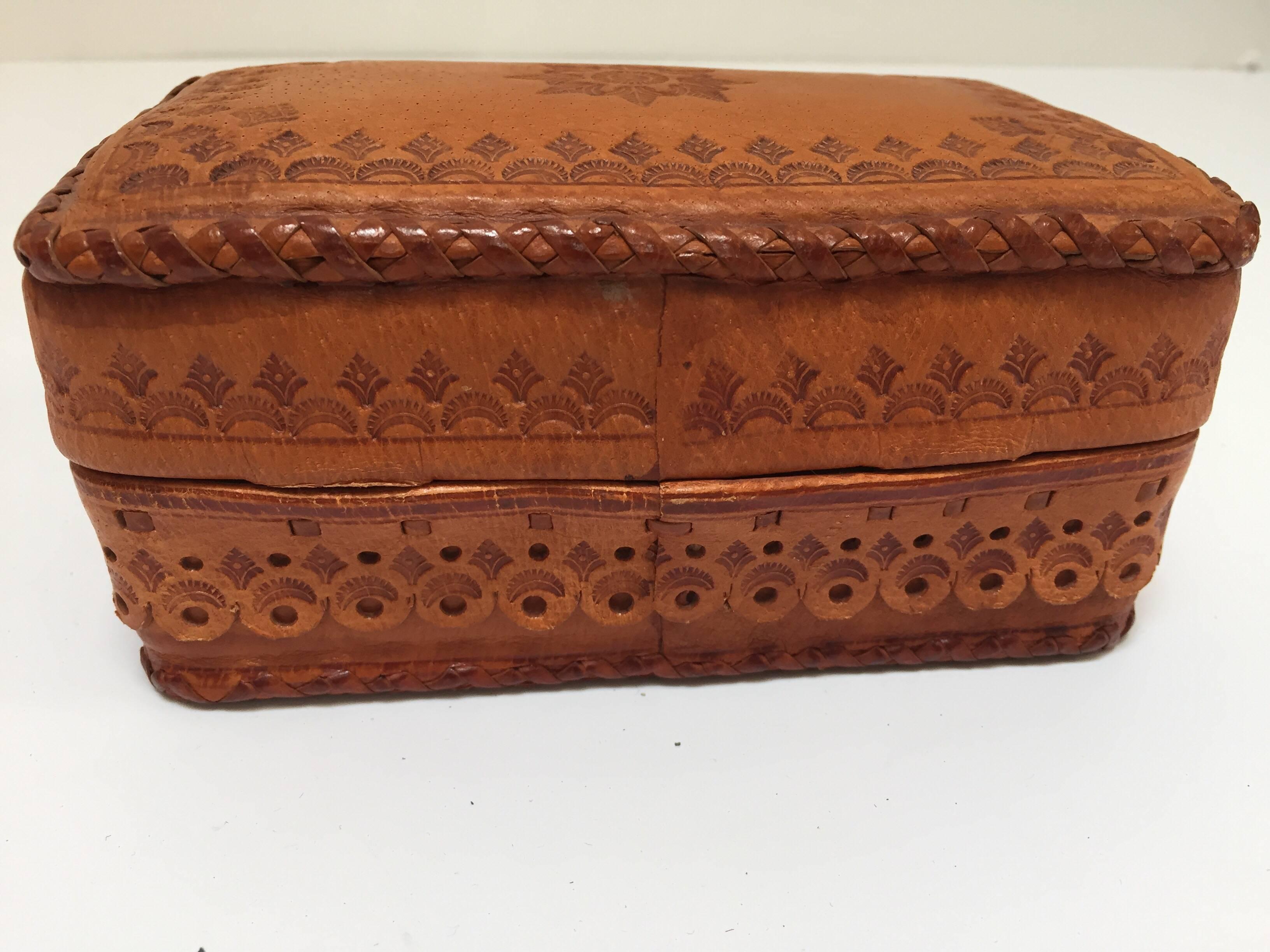 Leather Vintage Brown Box Hand Tooled in Morocco with Tribal African Designs 2