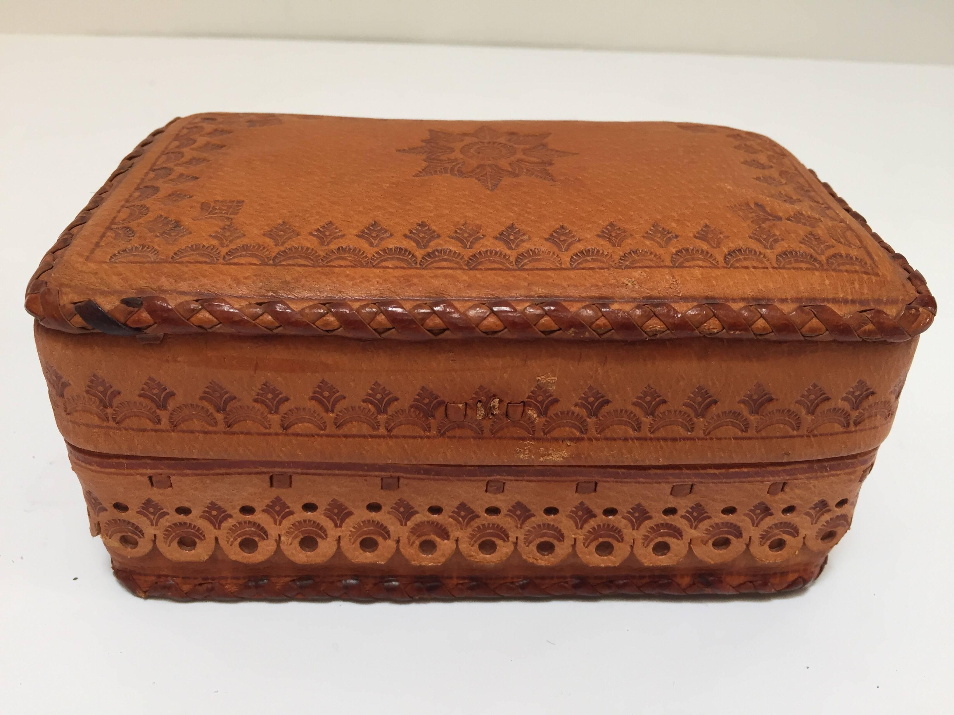Hand-Crafted Leather Vintage Brown Box Hand Tooled in Morocco with Tribal African Designs