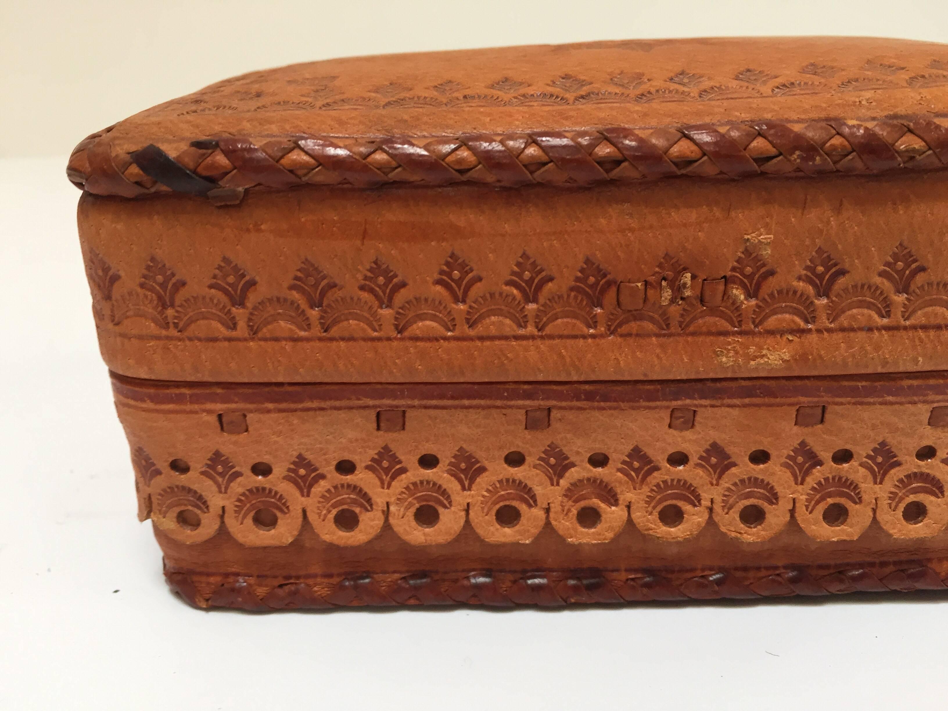 Leather Vintage Brown Box Hand Tooled in Morocco with Tribal African Designs In Excellent Condition In North Hollywood, CA