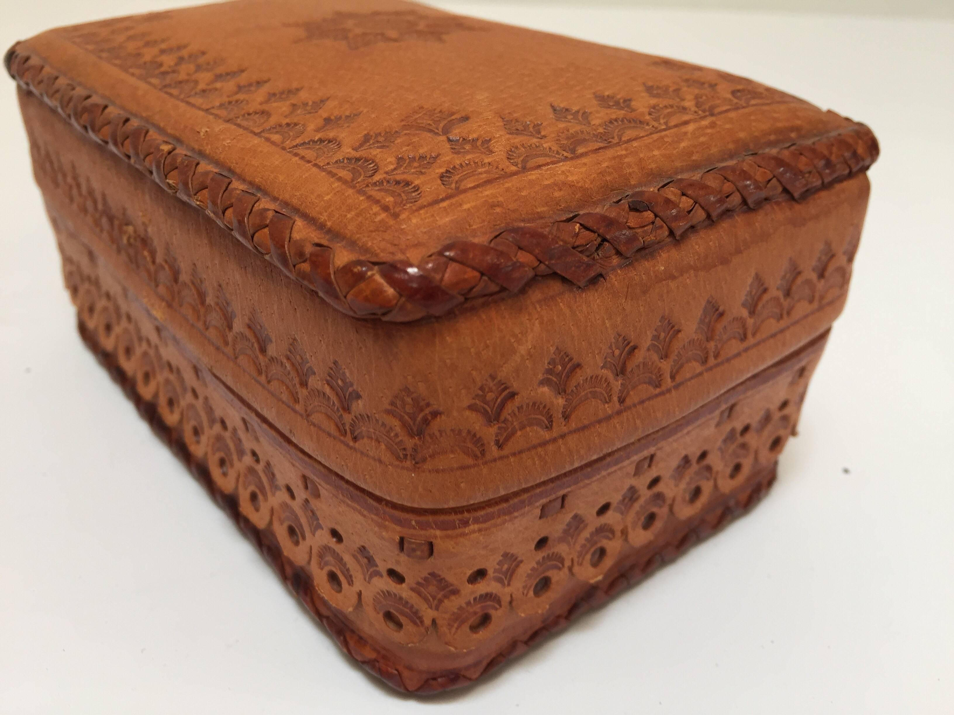 20th Century Leather Vintage Brown Box Hand Tooled in Morocco with Tribal African Designs