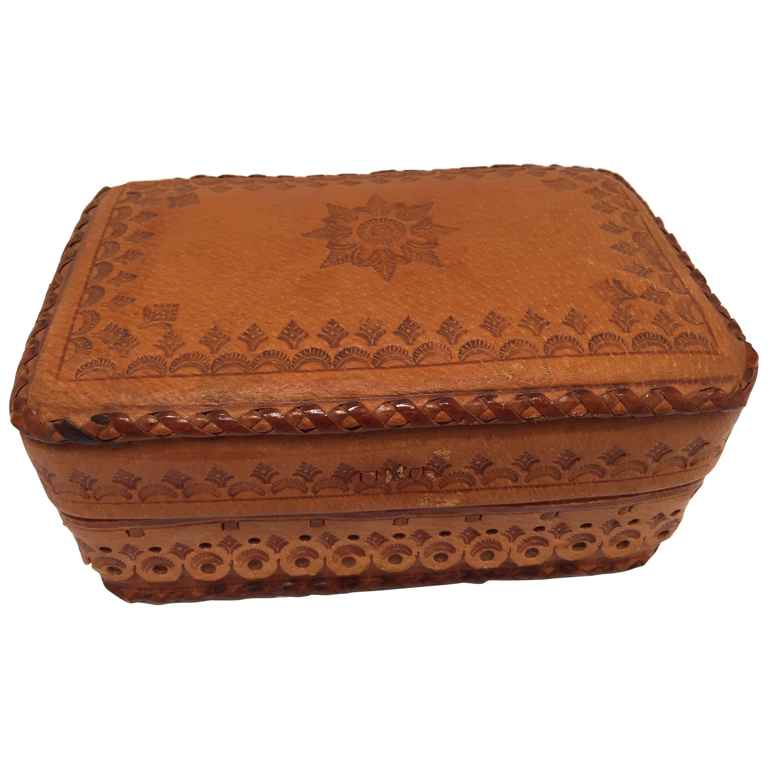 Leather Vintage Brown Box Hand Tooled in Morocco with Tribal African Designs