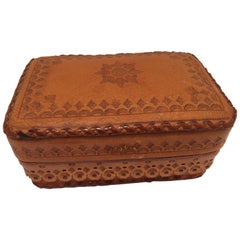 Leather Vintage Brown Box Hand Tooled in Morocco with Tribal African Designs