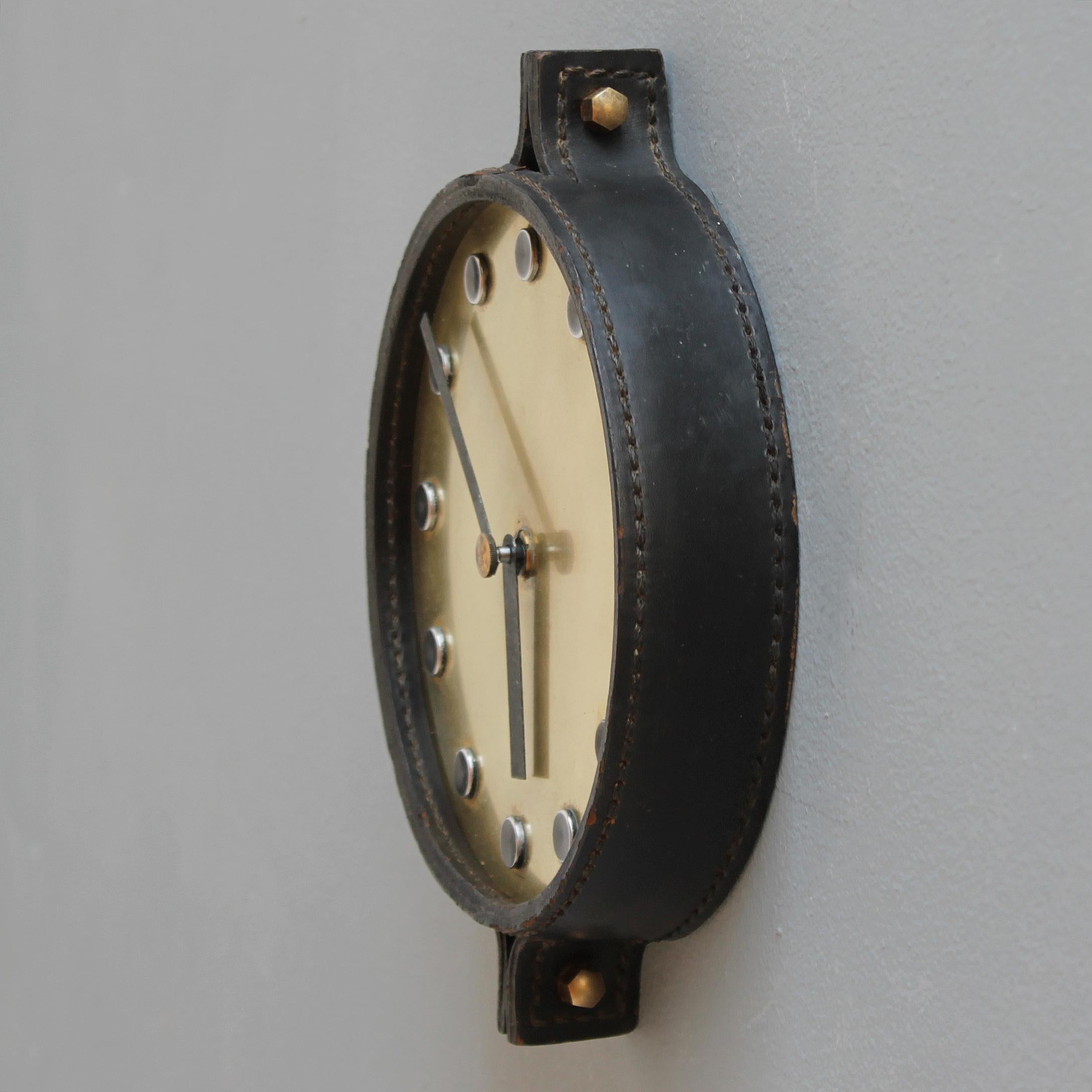 German Leather Wall Clock in the Manner of Carl Auböck