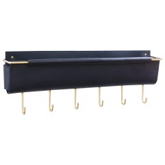 Leather Wall Pocket 24"Lx3"Wx5"H in Navy/Brass with 6 Hooks by Moses Nadel