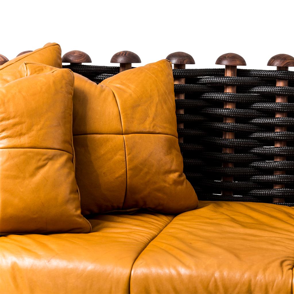 Modern Leather, Walnut and Rope Shaker Sofa by Egg Designs For Sale