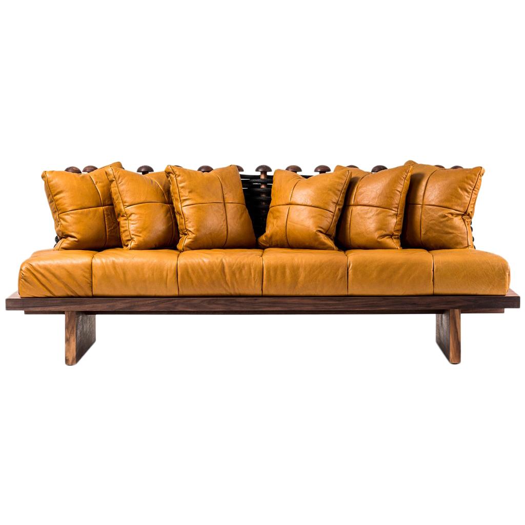 Leather, Walnut and Rope Shaker Sofa by Egg Designs For Sale