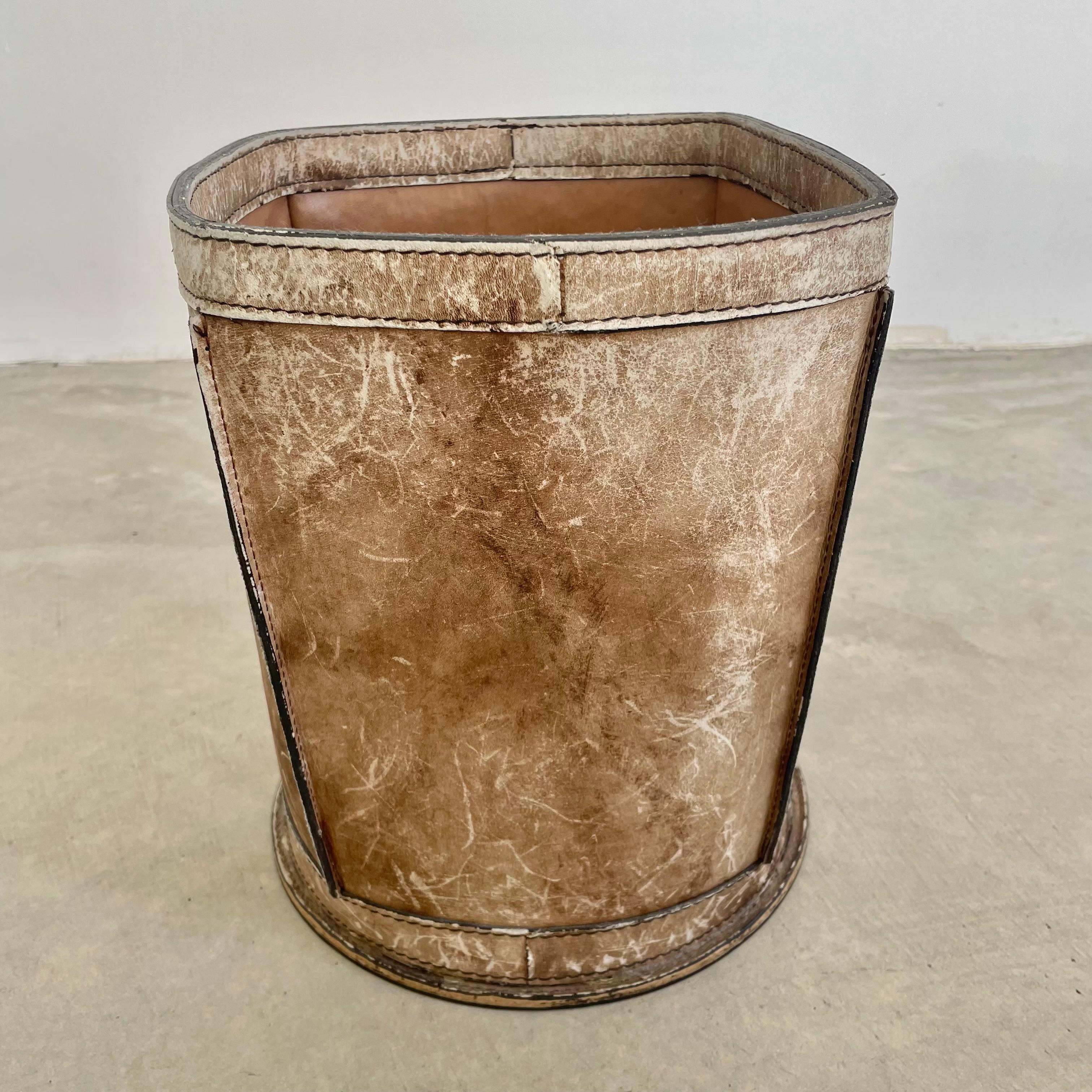 French Leather Waste Basket, 1960s France