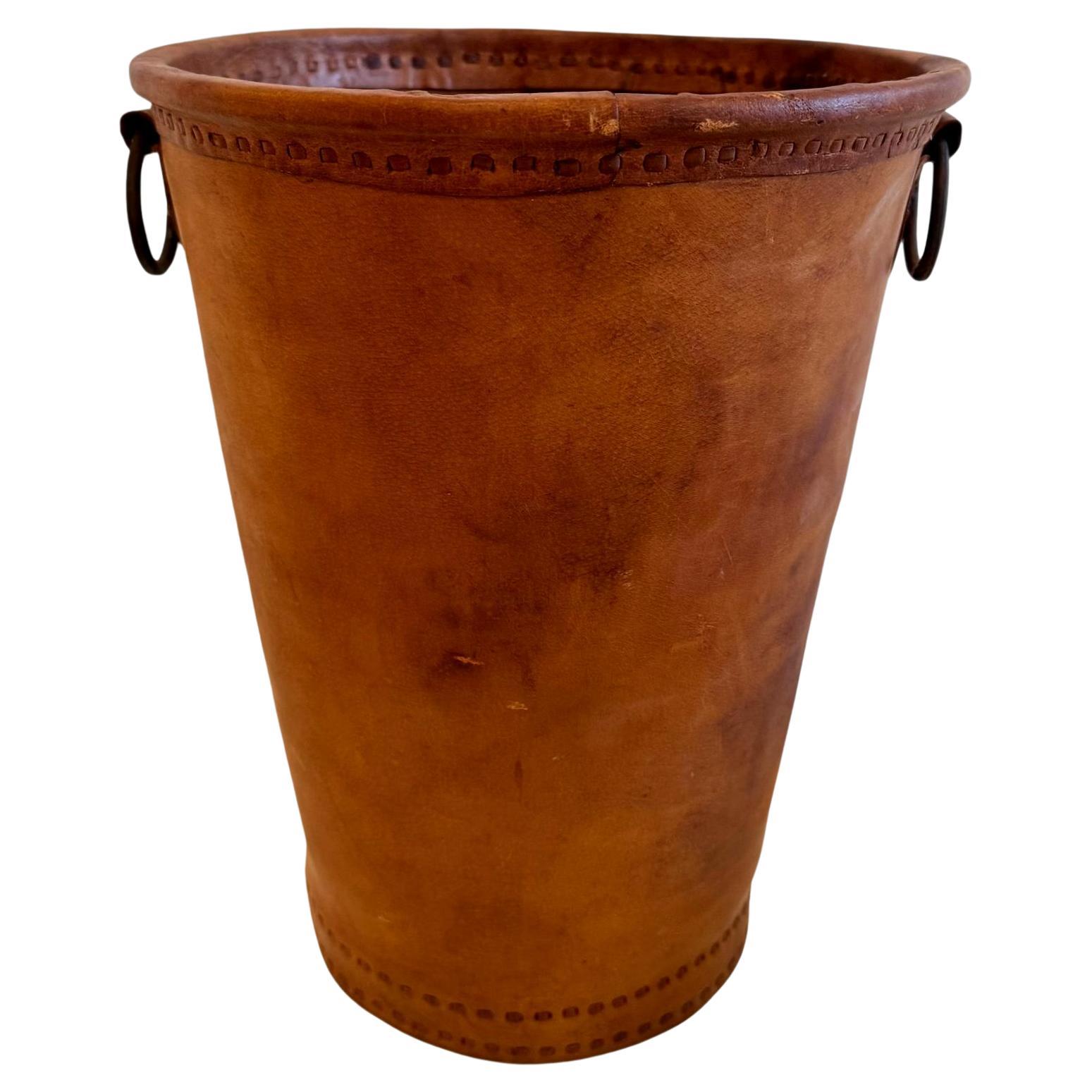 Leather Waste Basket,  1960s France For Sale