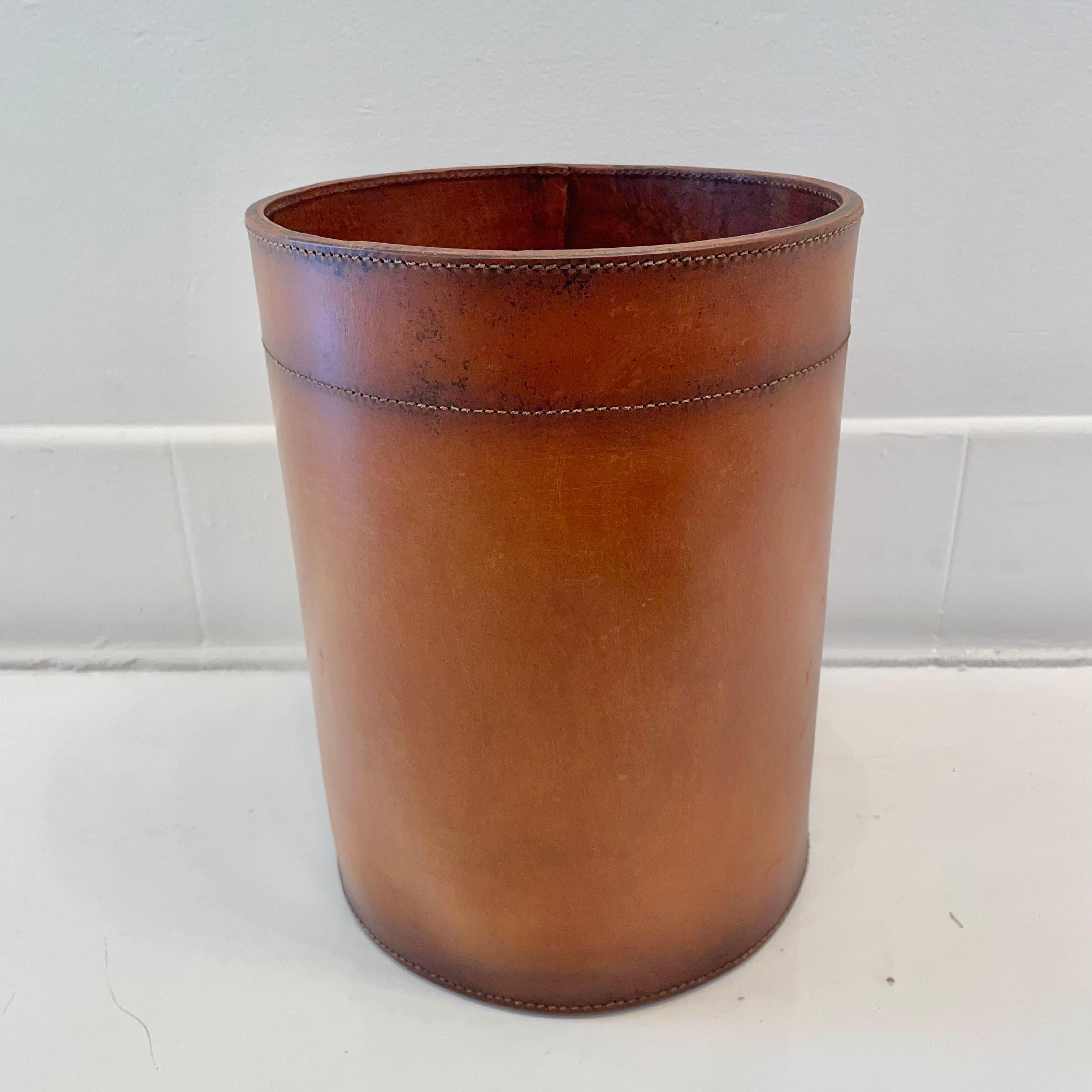 American Leather Waste Basket by Merit Los Angeles For Sale