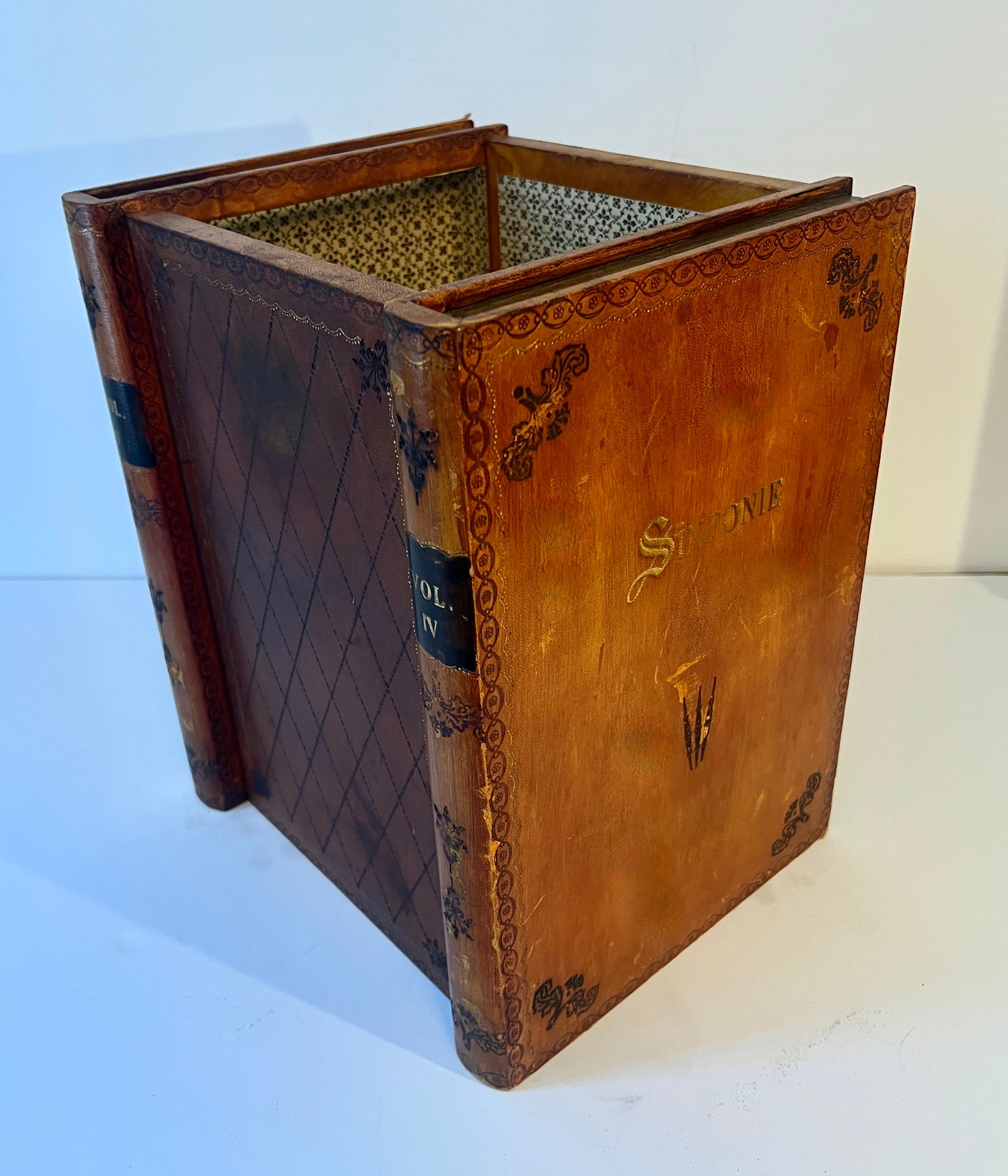 English Leather Waste Bin Basket Depicting Books with Inner Lined Decorative Paper For Sale