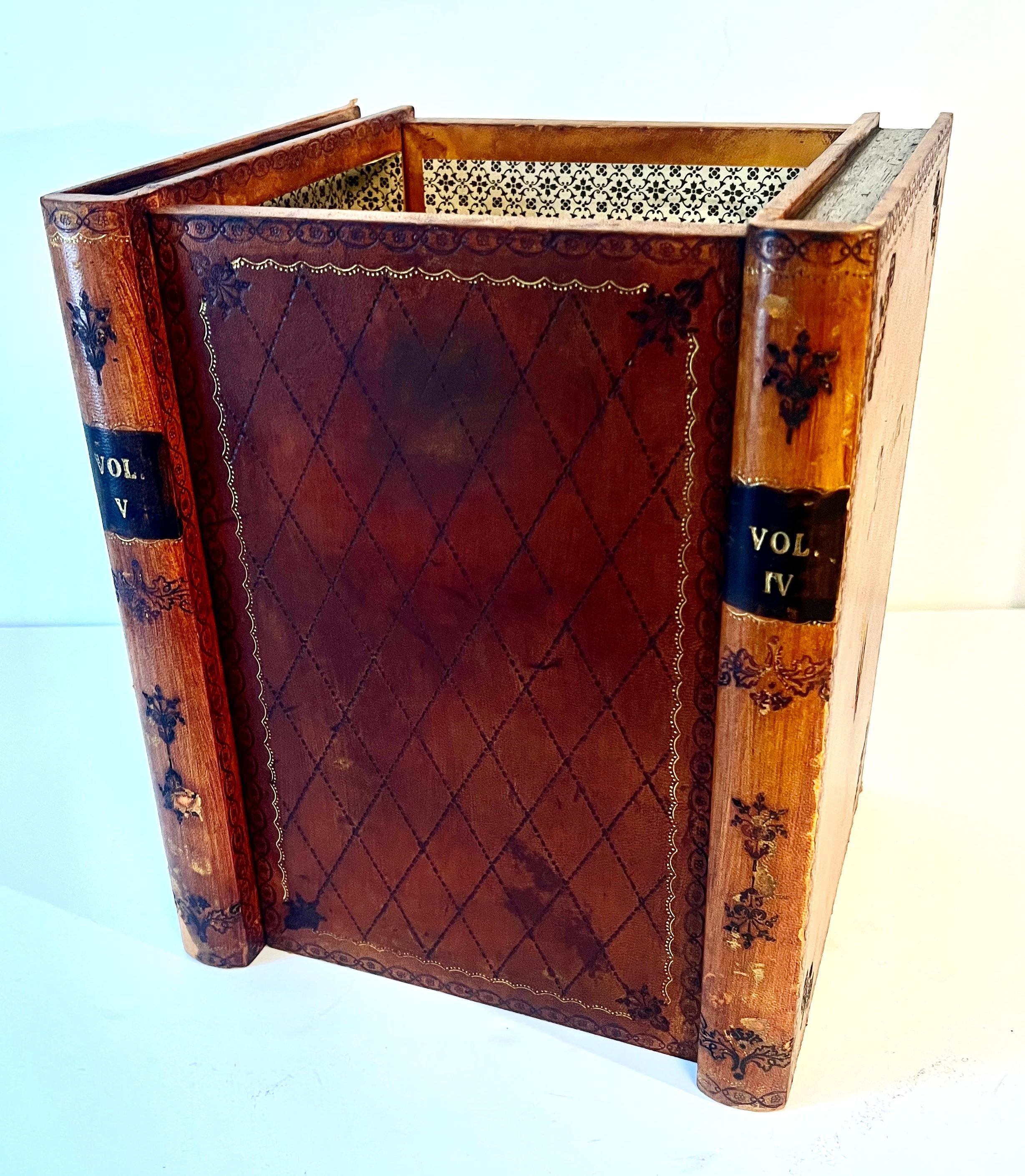 Hand-Crafted Leather Waste Bin Basket Depicting Books with Inner Lined Decorative Paper For Sale