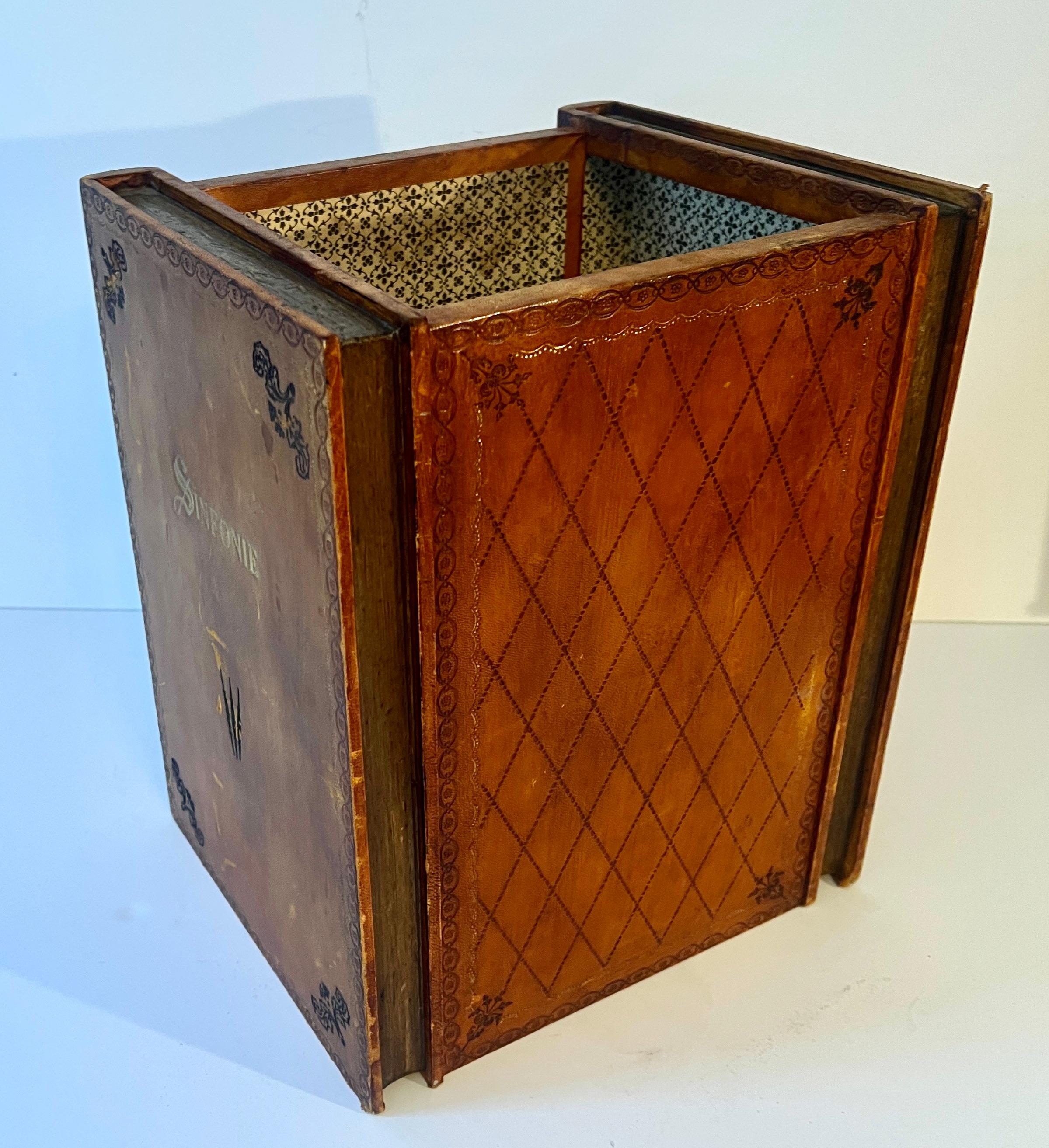 Leather Waste Bin Basket Depicting Books with Inner Lined Decorative Paper For Sale 1