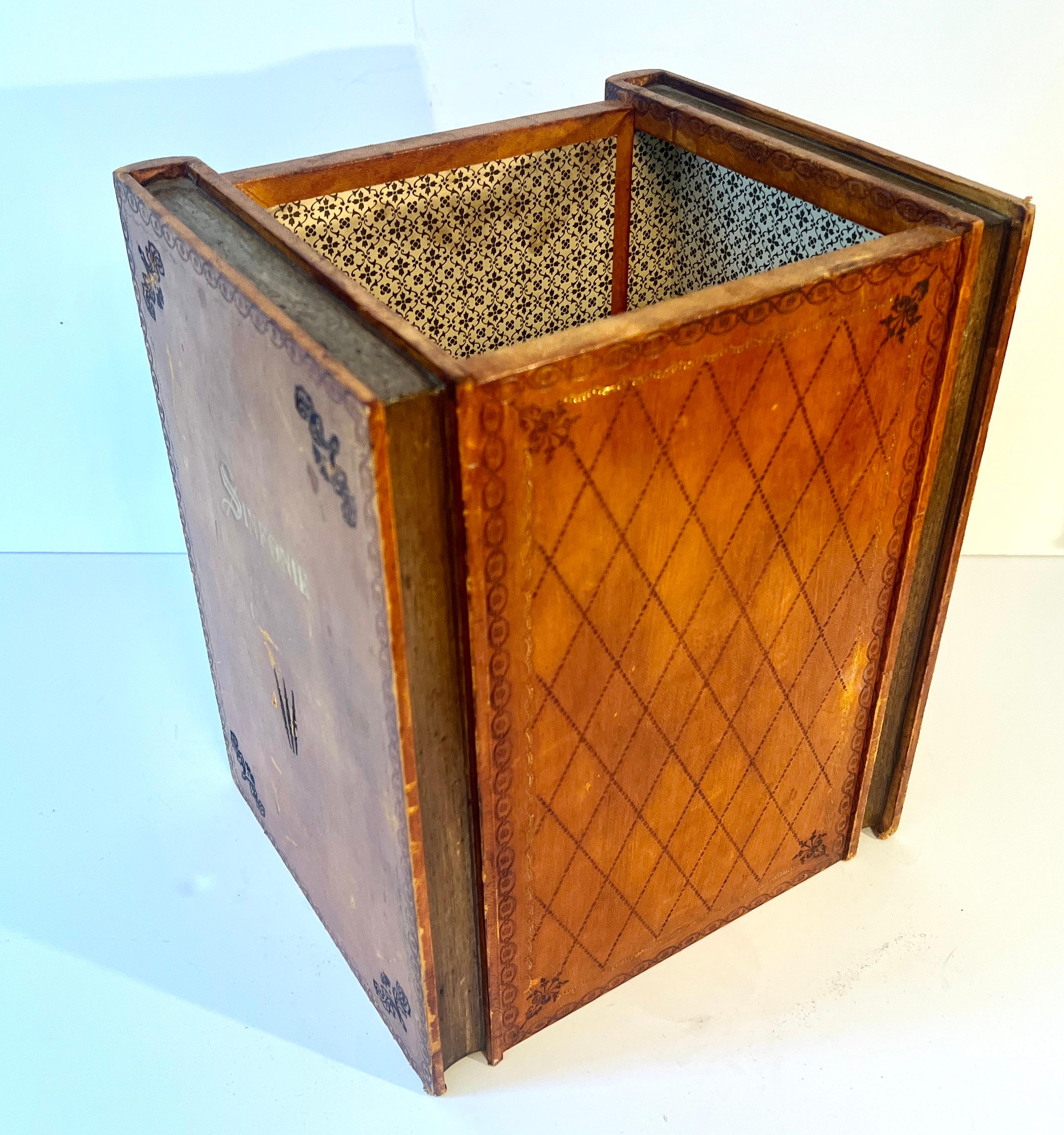 Leather Waste Bin Basket Depicting Books with Inner Lined Decorative Paper For Sale 2