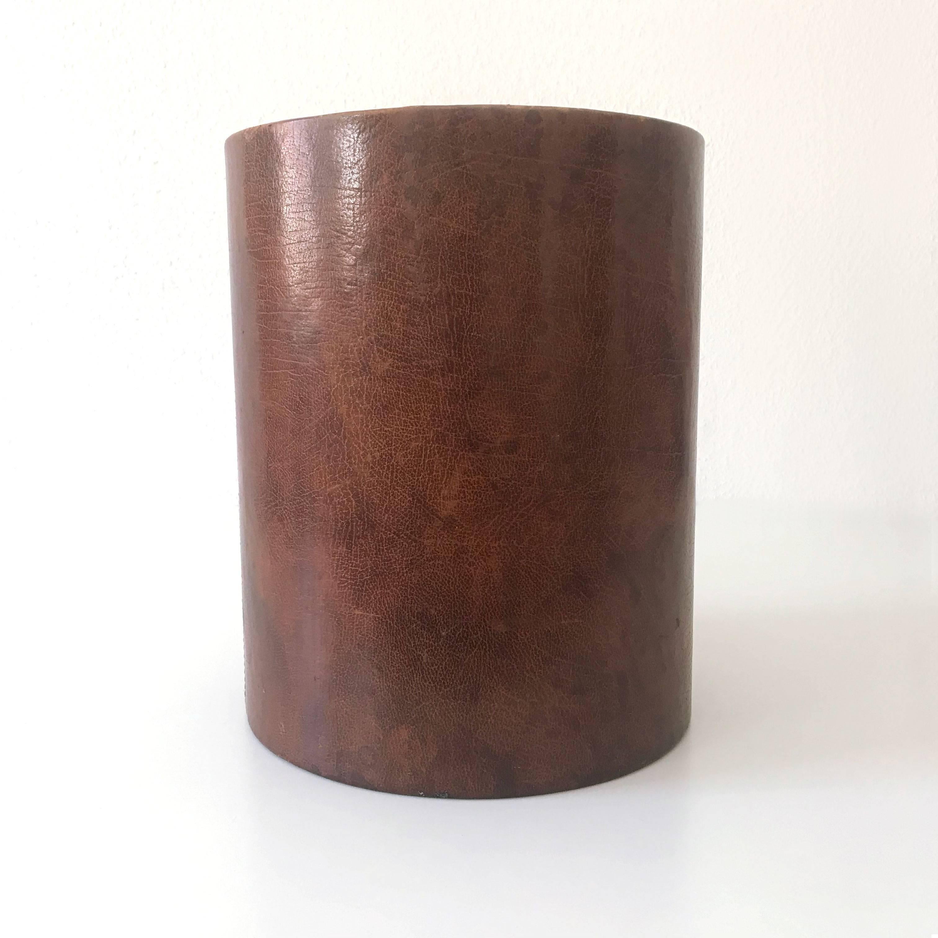 German Leather Waste Paper Basket in the Style of Carl Auböck, 1950s