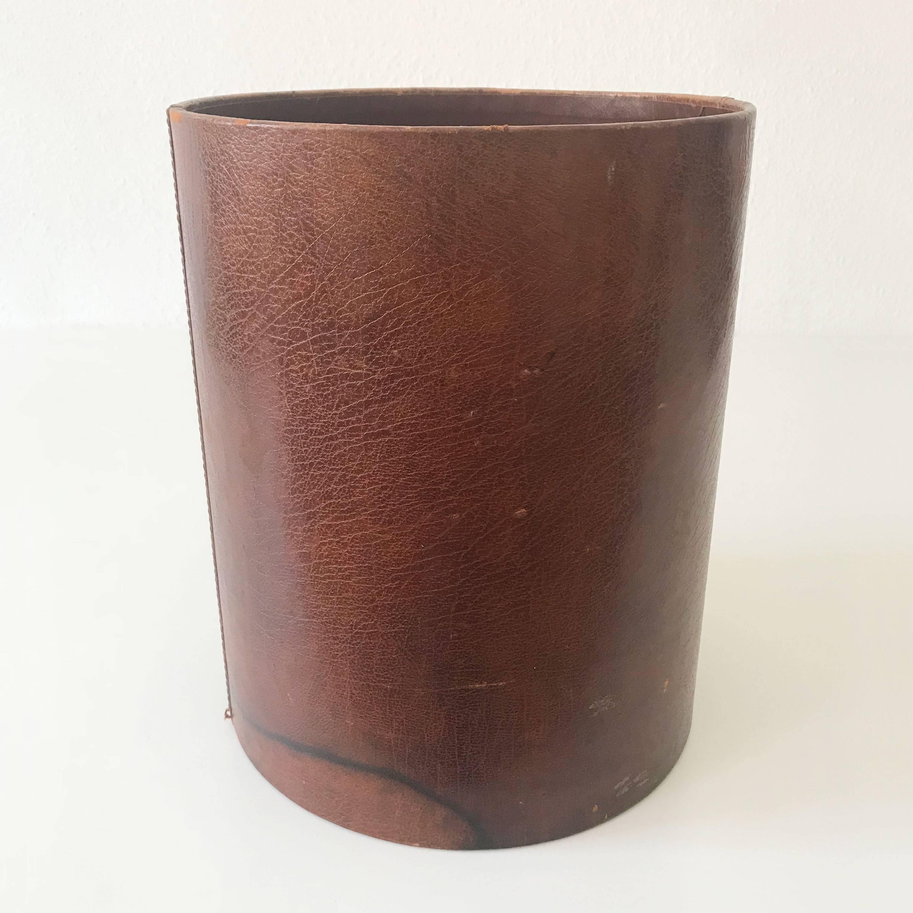 Mid-20th Century Leather Waste Paper Basket in the Style of Carl Auböck, 1950s