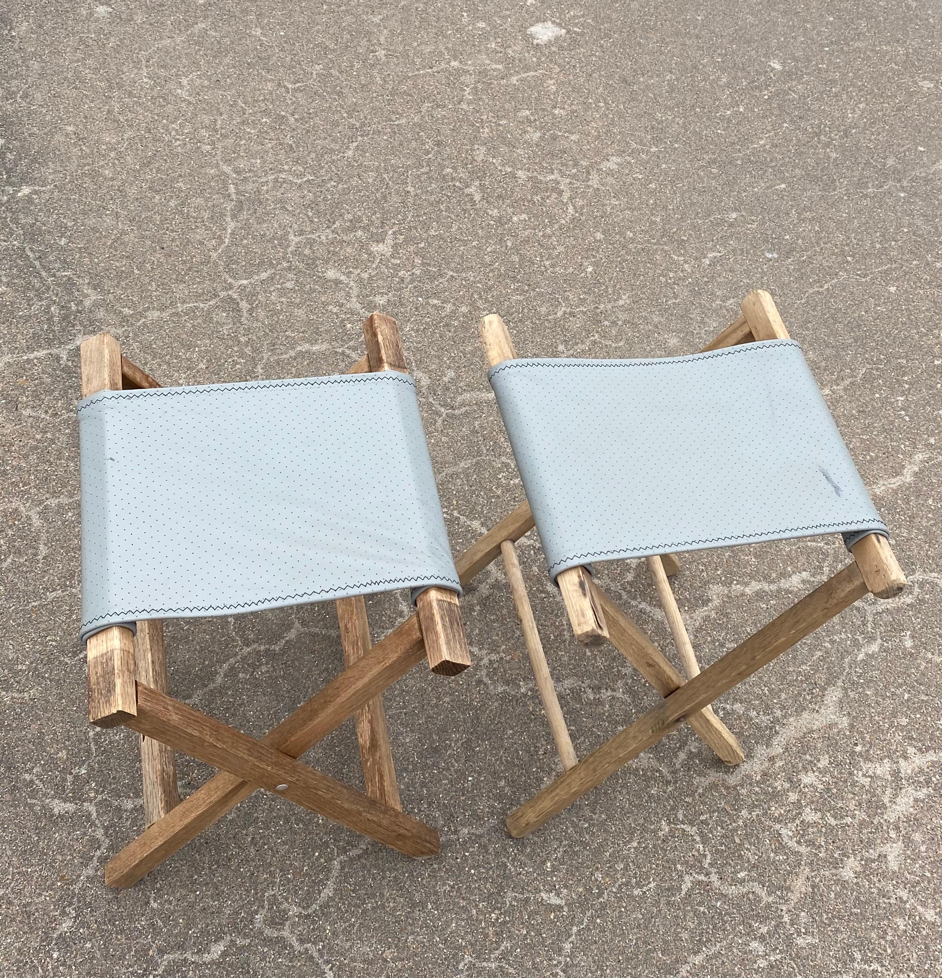 Leather + Weathered Wood + Folding Tray Tables, A Pair For Sale 4