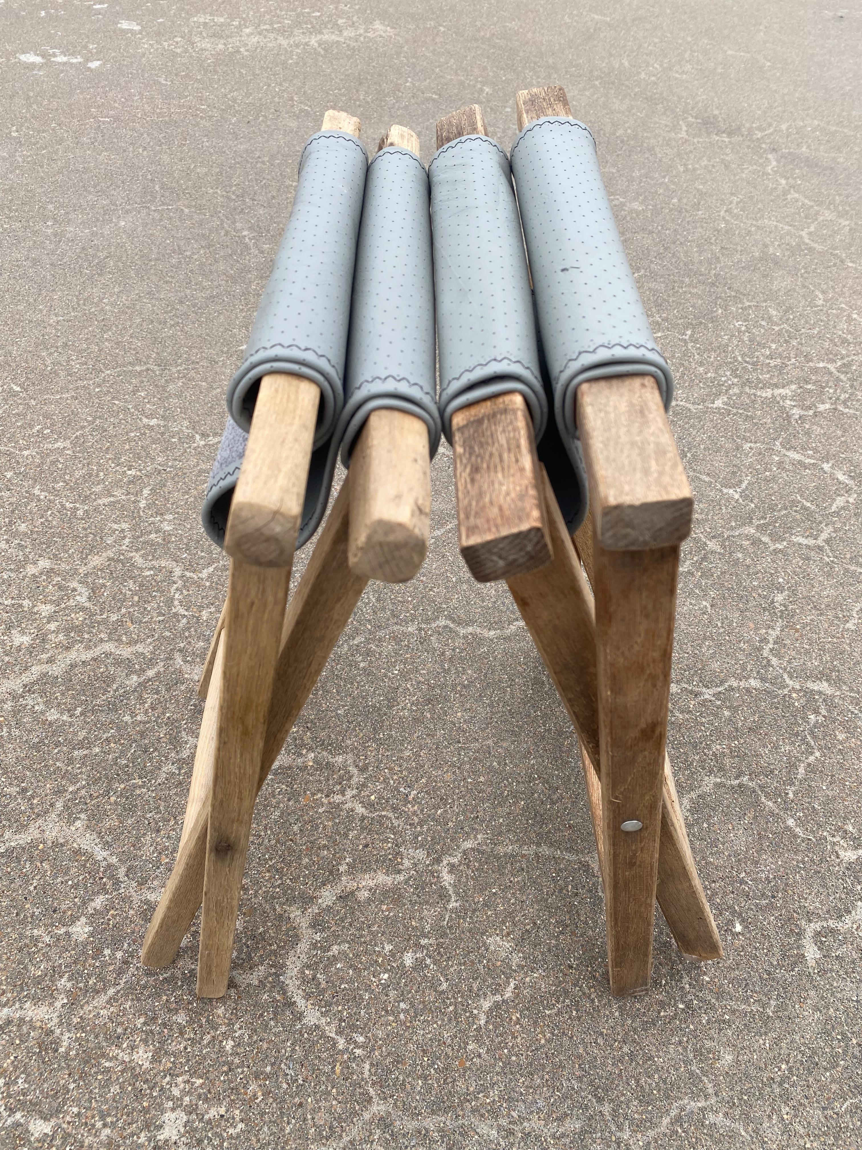 Leather + Weathered Wood + Folding Tray Tables, A Pair For Sale 6