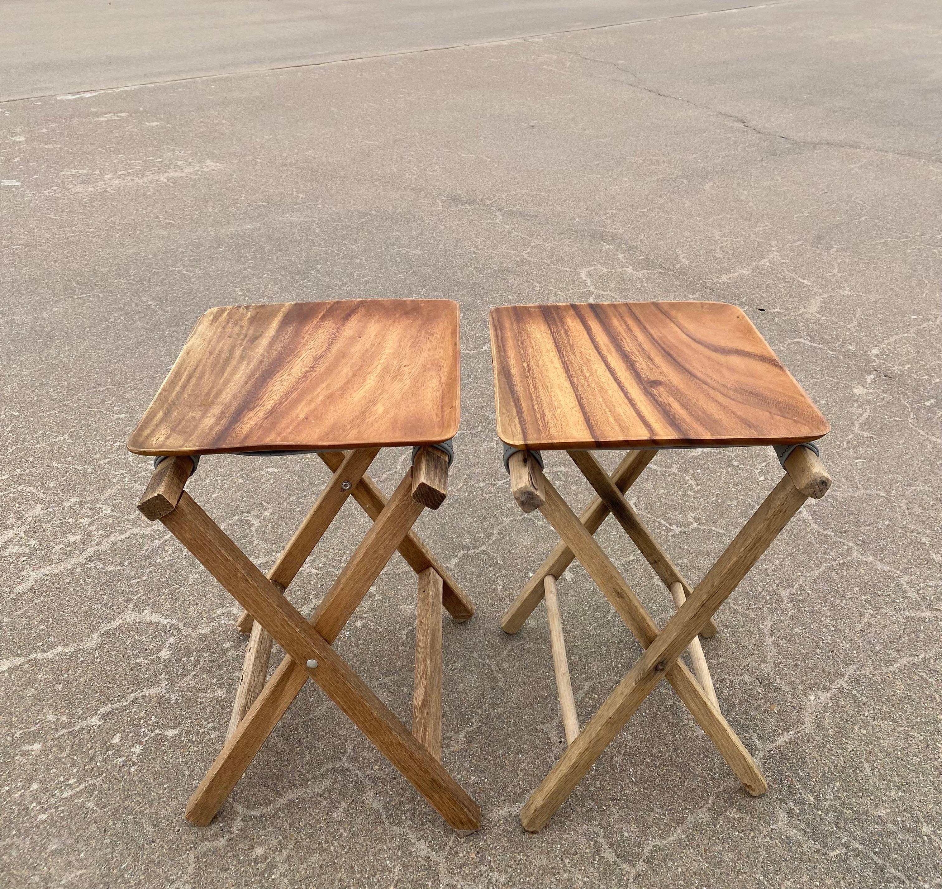 Rustic Leather + Weathered Wood + Folding Tray Tables, A Pair For Sale