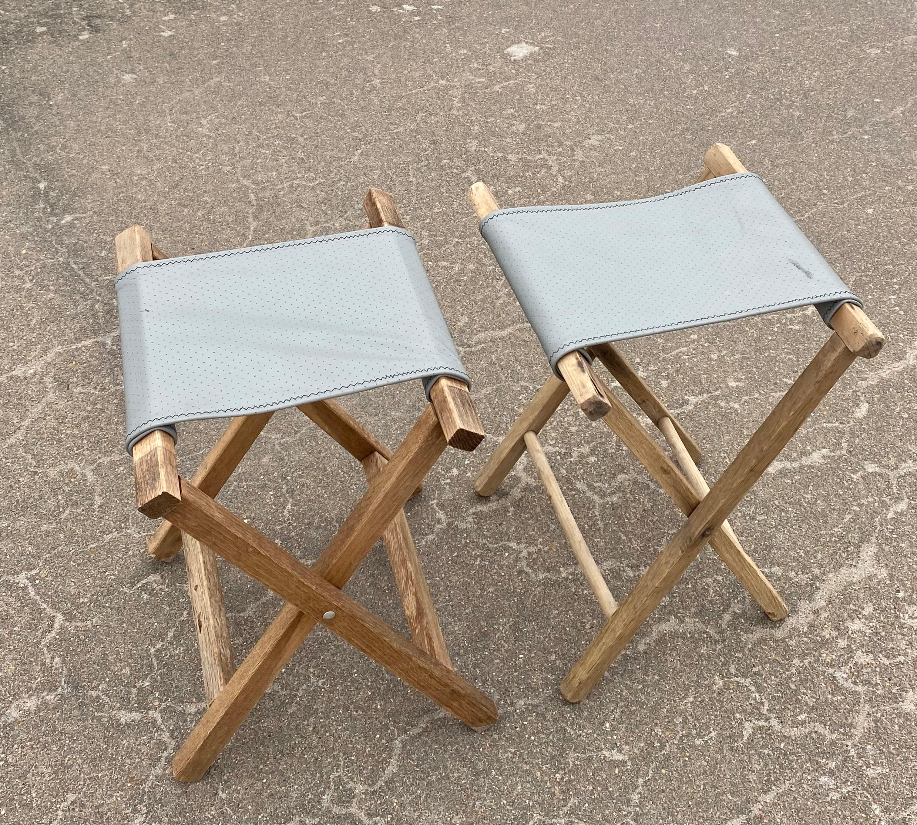 Philippine Leather + Weathered Wood + Folding Tray Tables, A Pair For Sale