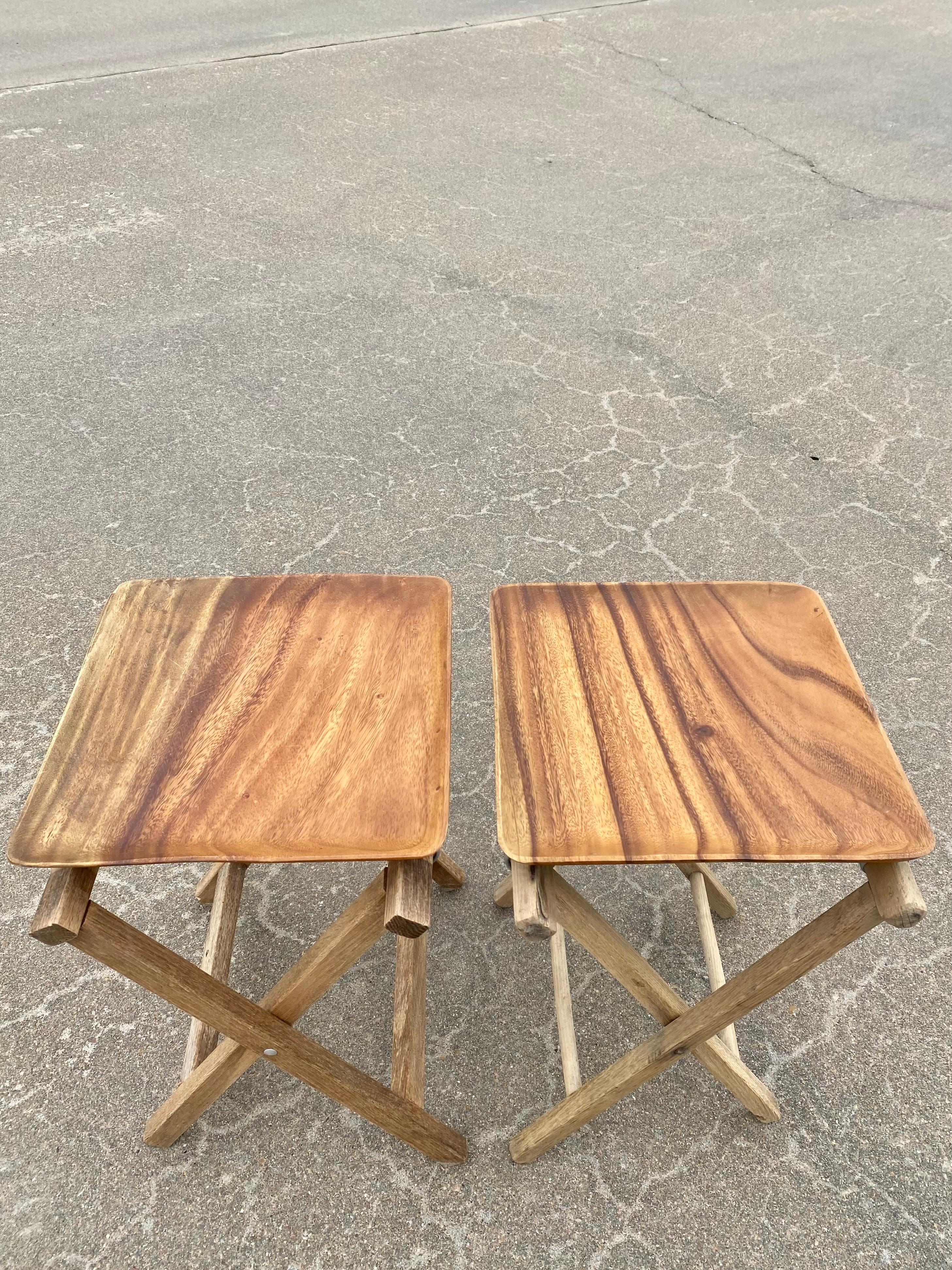 Leather + Weathered Wood + Folding Tray Tables, A Pair In Good Condition For Sale In Round Top, TX