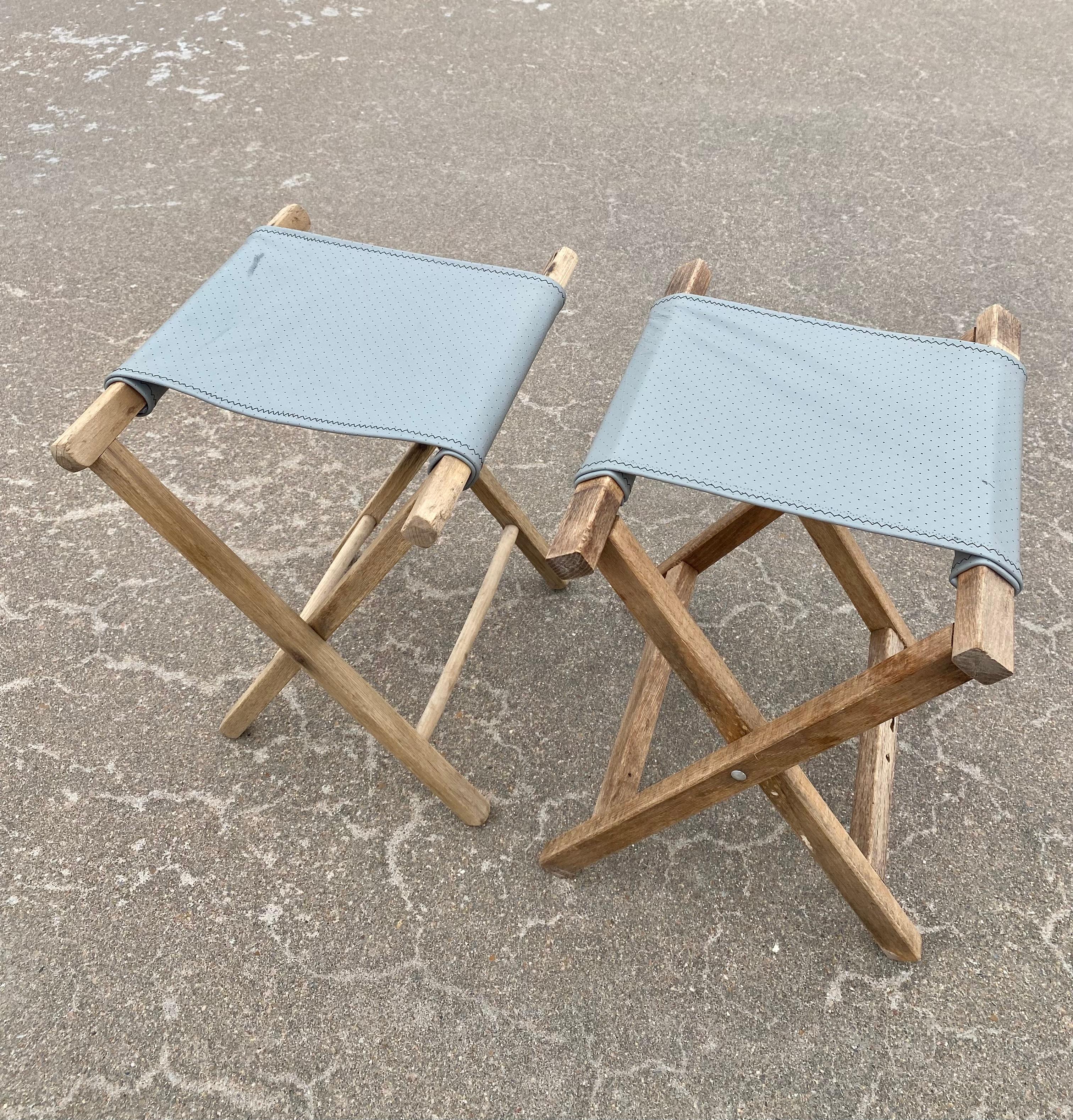 20th Century Leather + Weathered Wood + Folding Tray Tables, A Pair For Sale