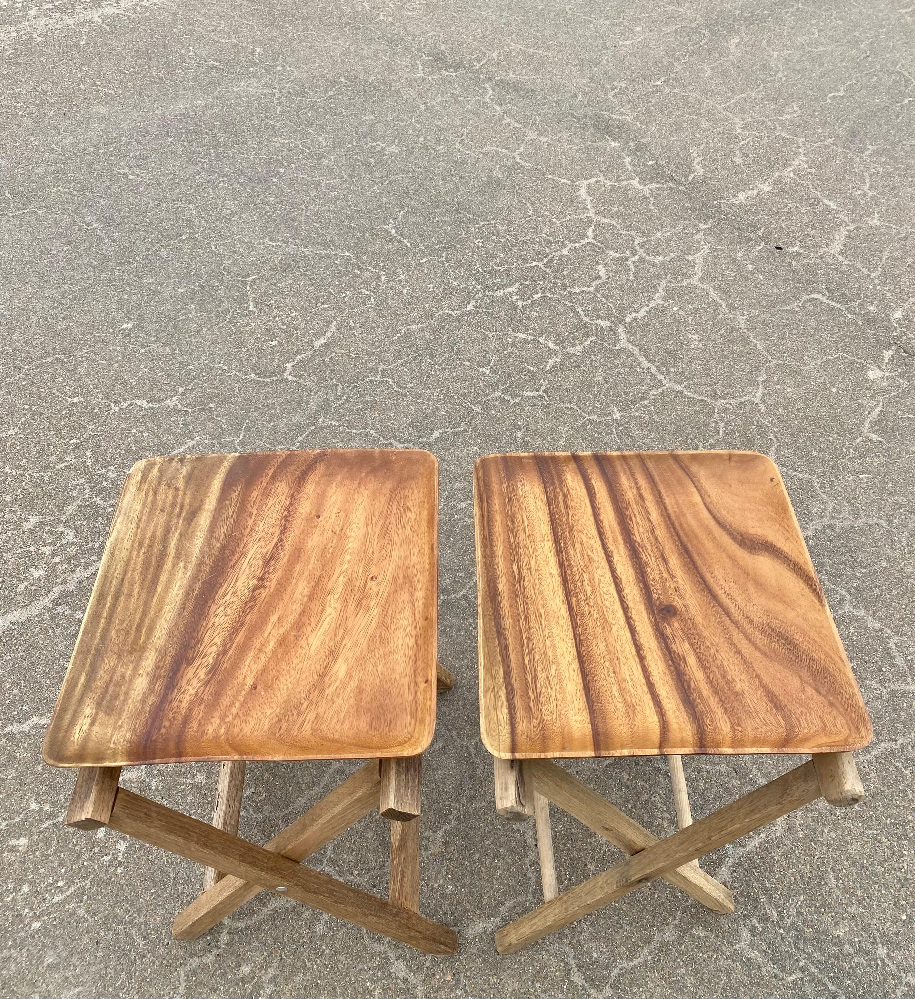 Leather + Weathered Wood + Folding Tray Tables, A Pair For Sale 1