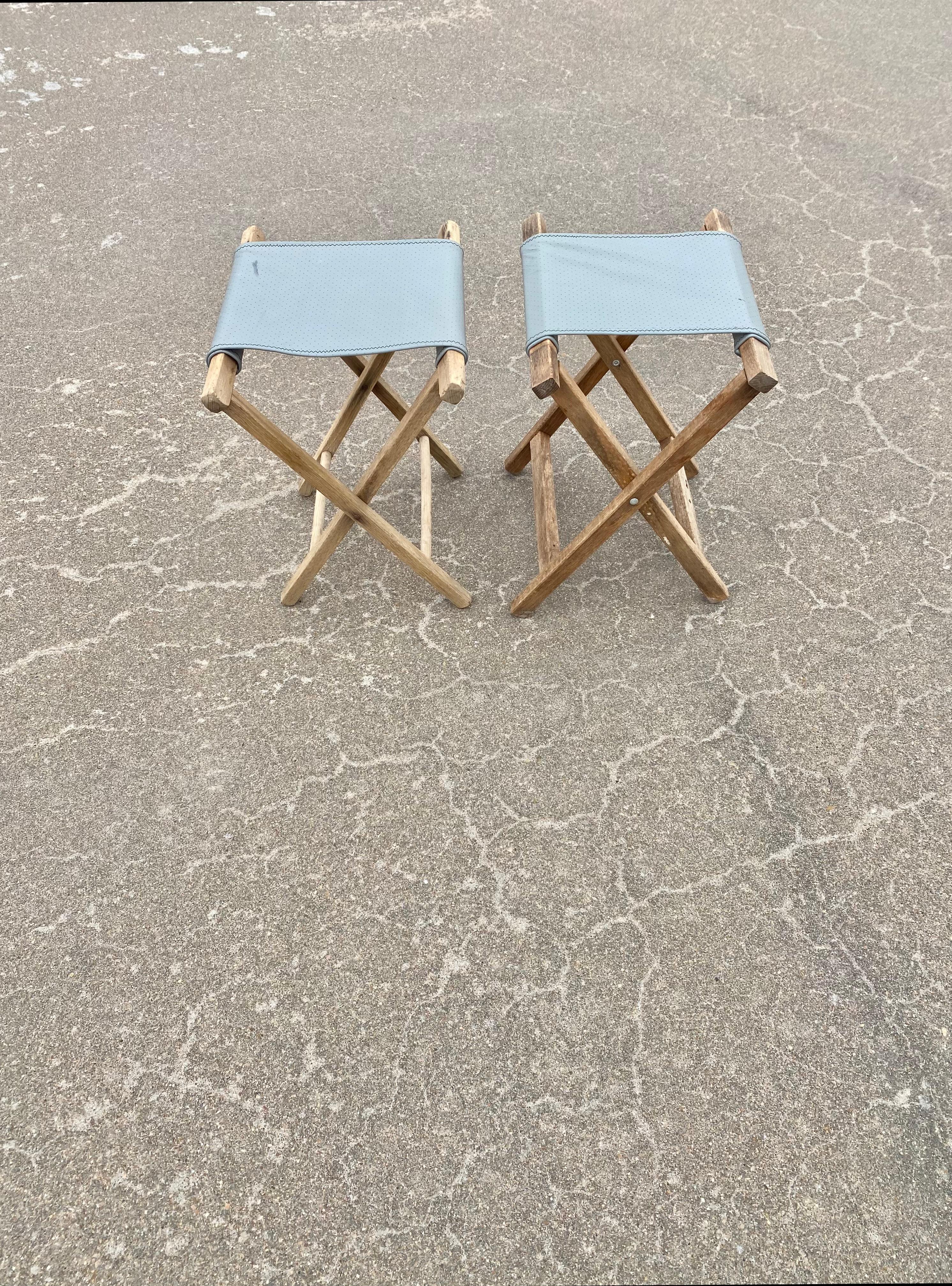 Leather + Weathered Wood + Folding Tray Tables, A Pair For Sale 2