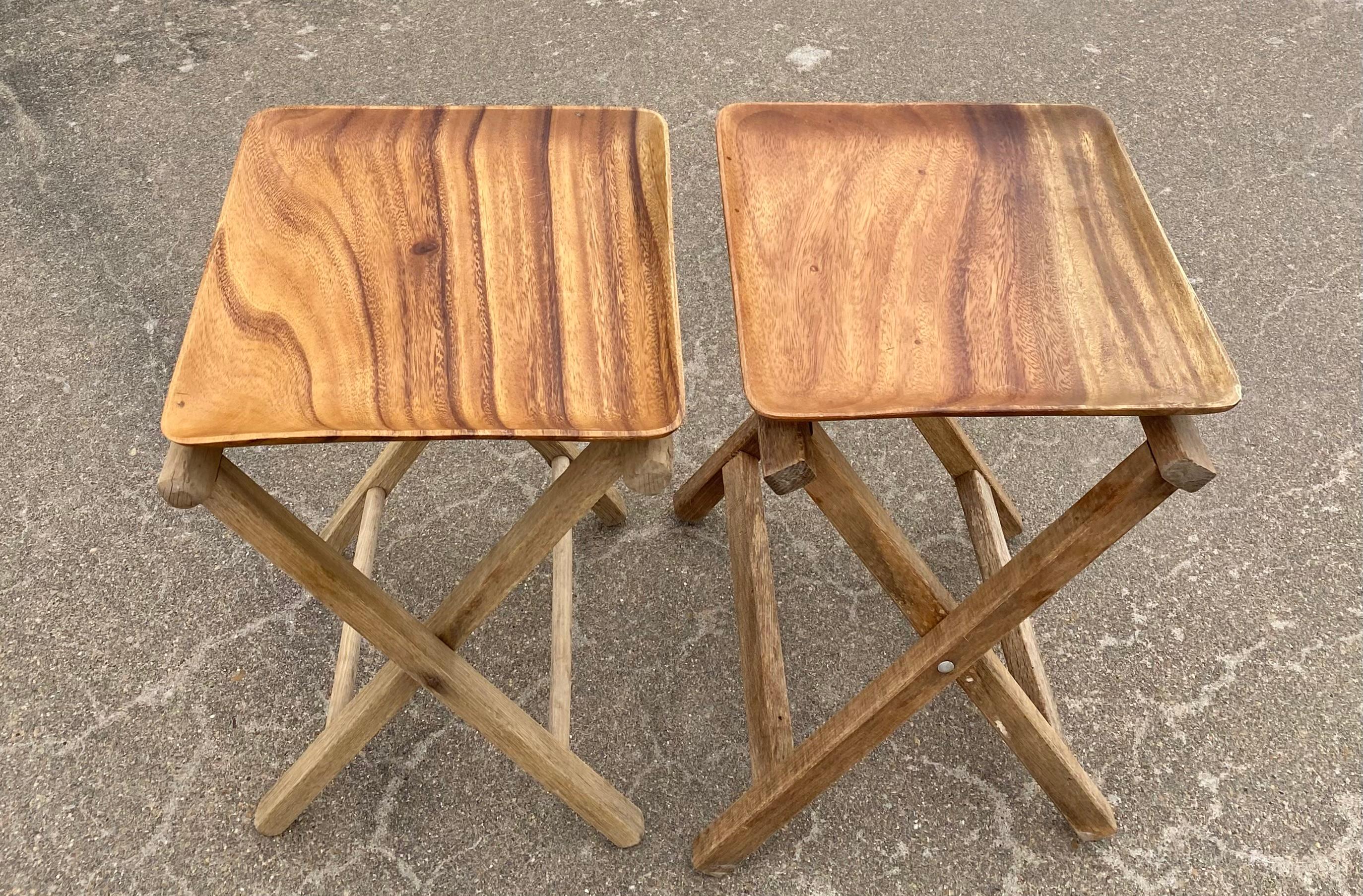 Leather + Weathered Wood + Folding Tray Tables, A Pair For Sale 3