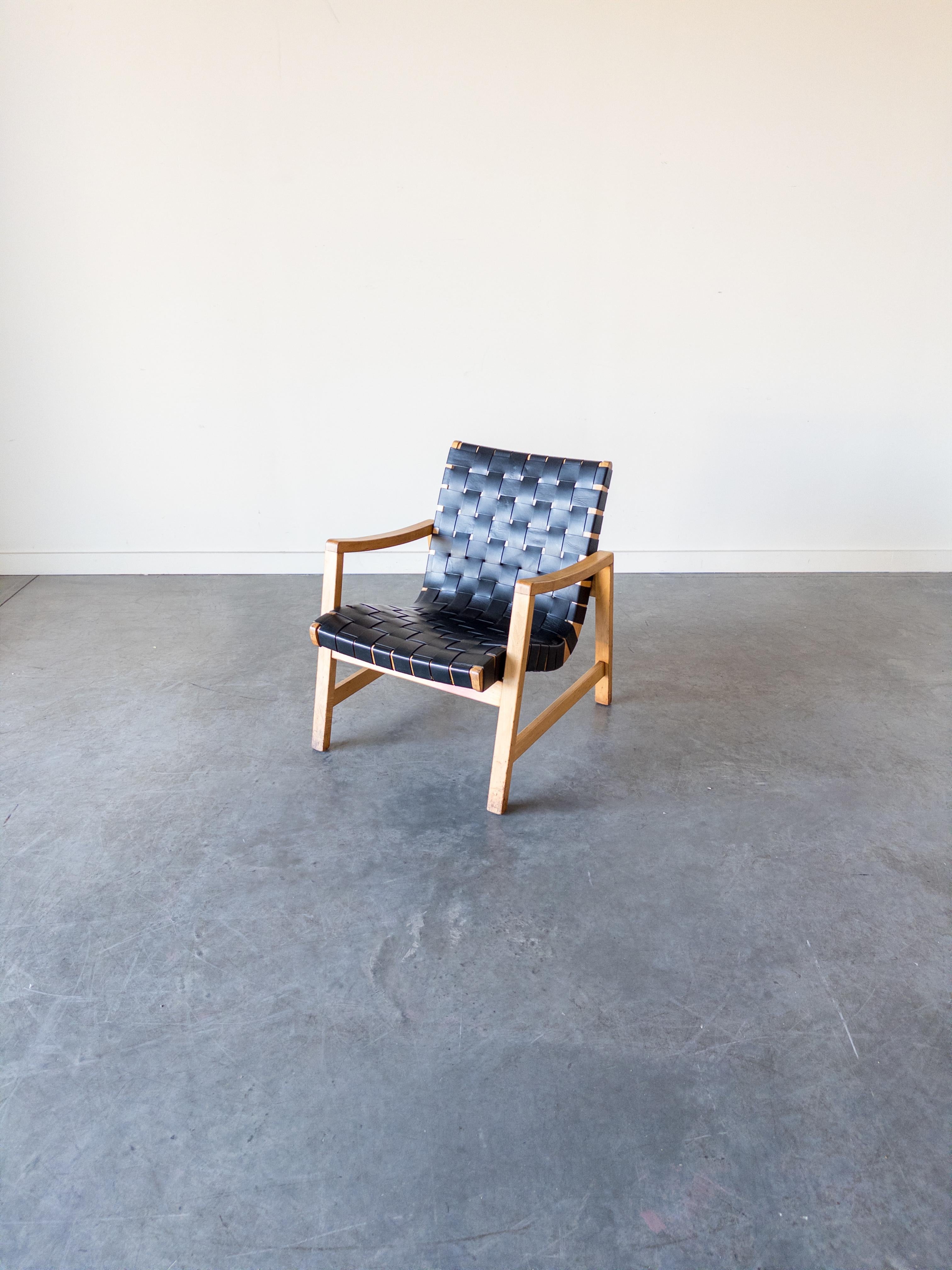 Mid-Century Modern Fauteuil à sangles en cuir Modèle 652W de Jens Risom pour Knoll en vente