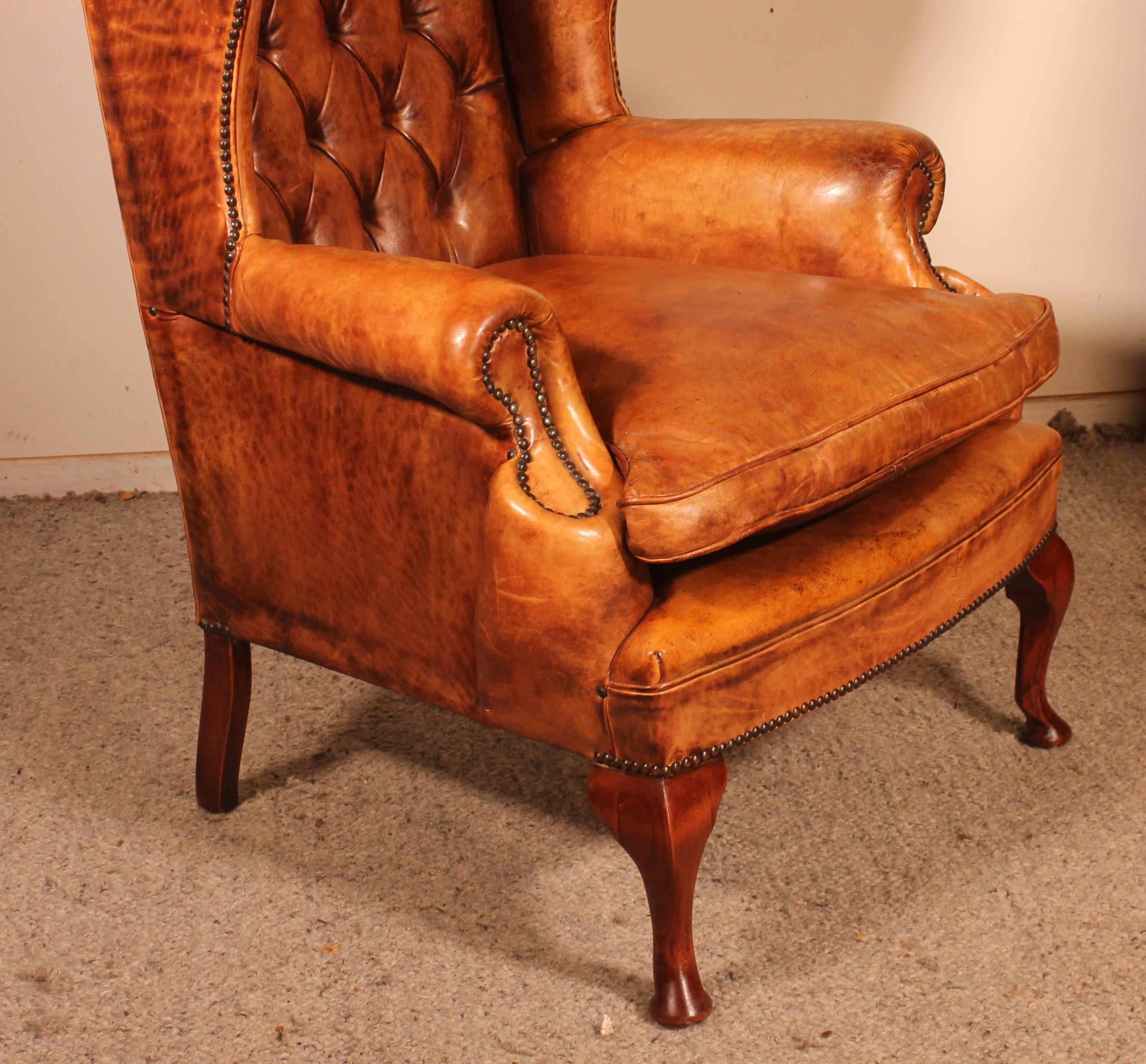 20th Century Leather Wing Chair Called Queen Anne From England