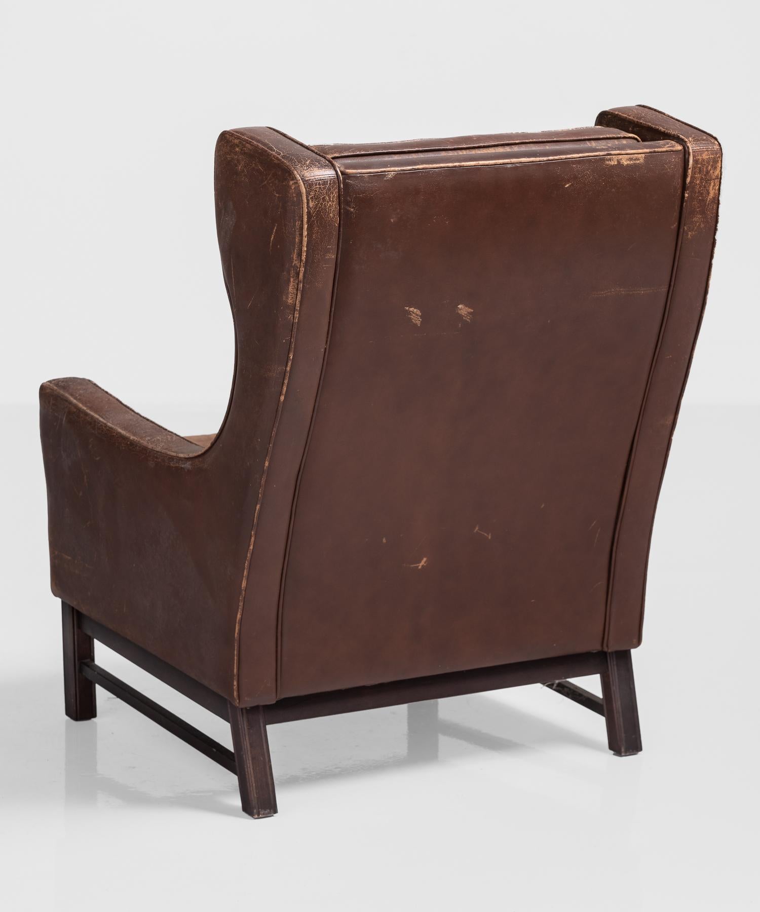 Mid-Century Modern Leather Wingback Armchair, Denmark, circa 1960