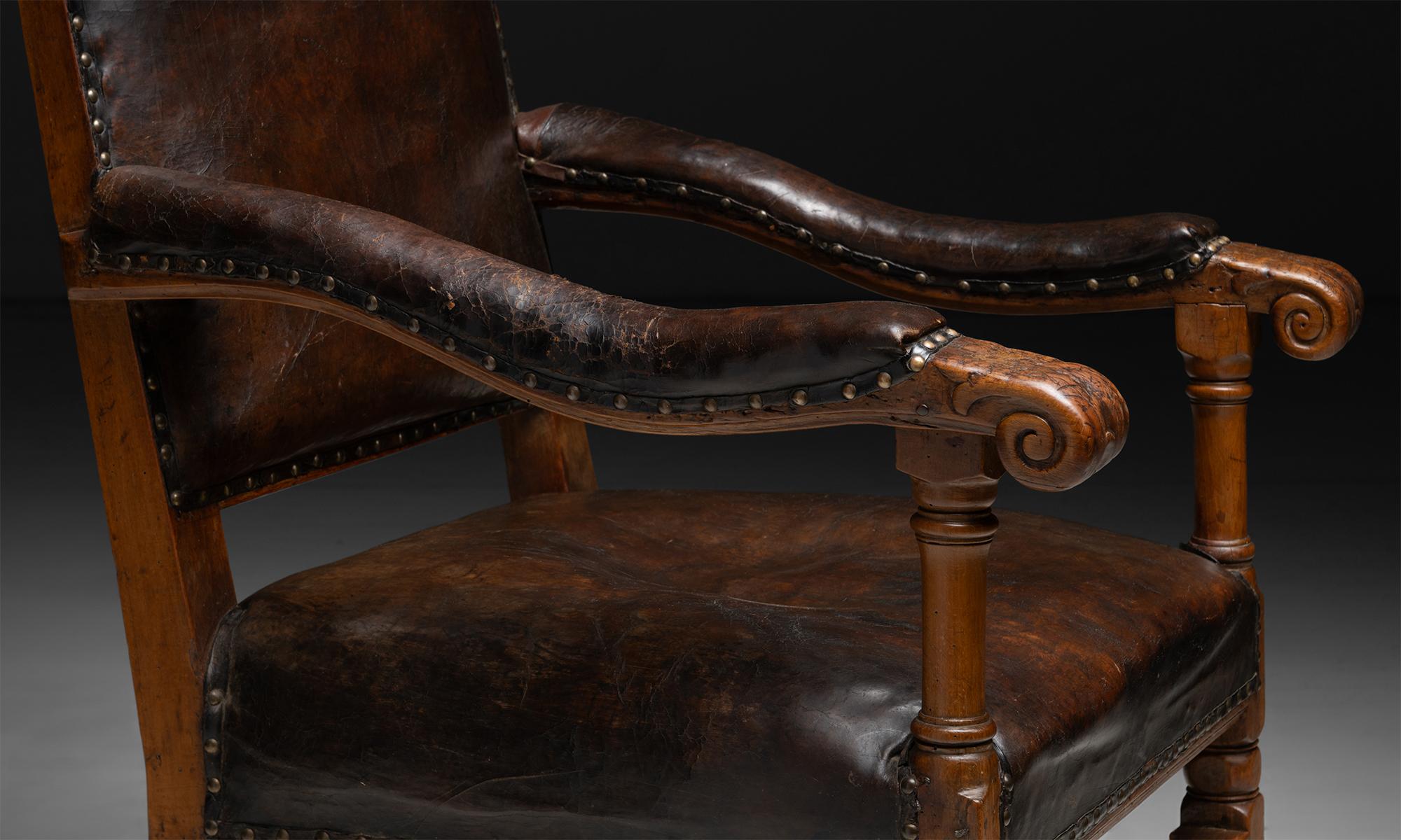 English Leather Wingback Armchair, England, 1747 For Sale