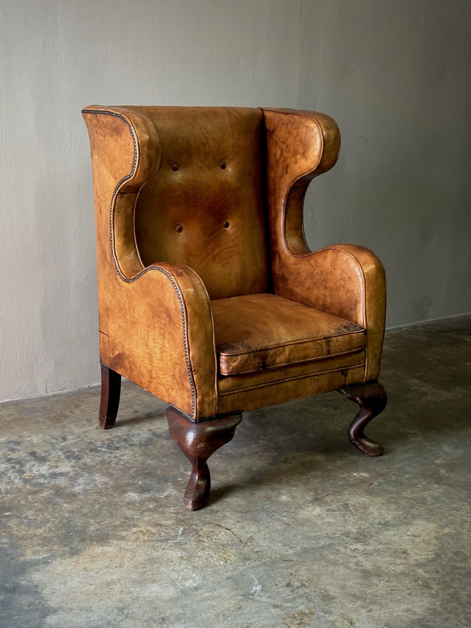 Leather Wingback Armchair In Good Condition In Los Angeles, CA