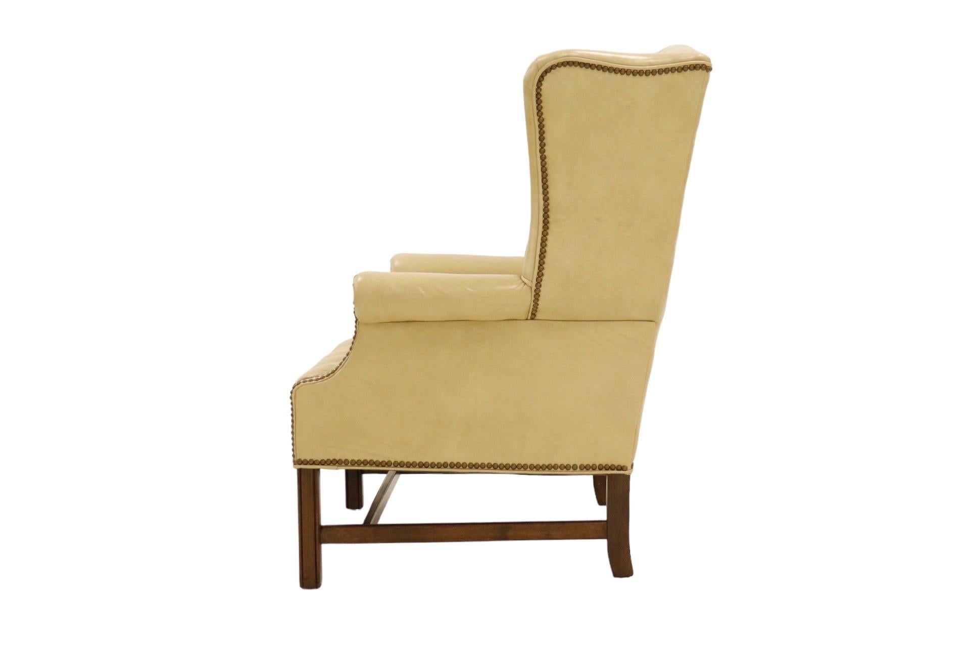 Chippendale Leather Wingback Chair in Cream