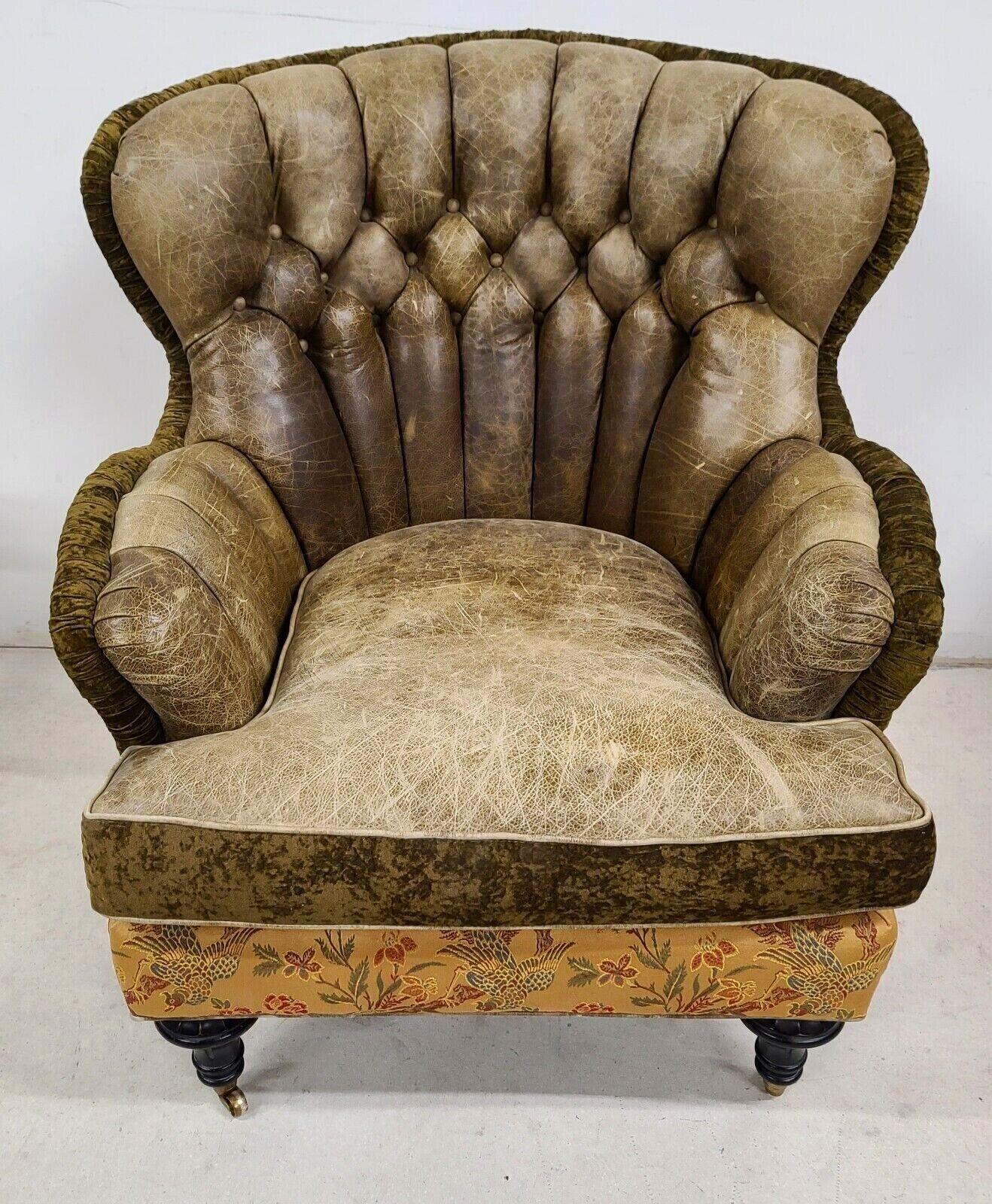 Offering One Of Our Recent Palm Beach Estate Fine Furniture Acquisitions Of A 
Really Stunning Distressed Leather Wingback Library Reading Chair by CAROL HICKS BOLTON for E J VICTOR

Approximate Measurements in Inches
43