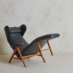 Leather + Wood Reclining Chaise Lounge Chair by Henry W. Klein for Bramin Møbler