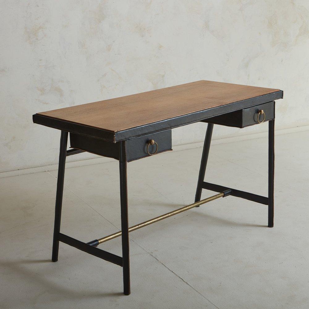 Mid-Century Modern Leather + Wood Writing Desk Attributed to Jacques Adnet, France 1950s For Sale