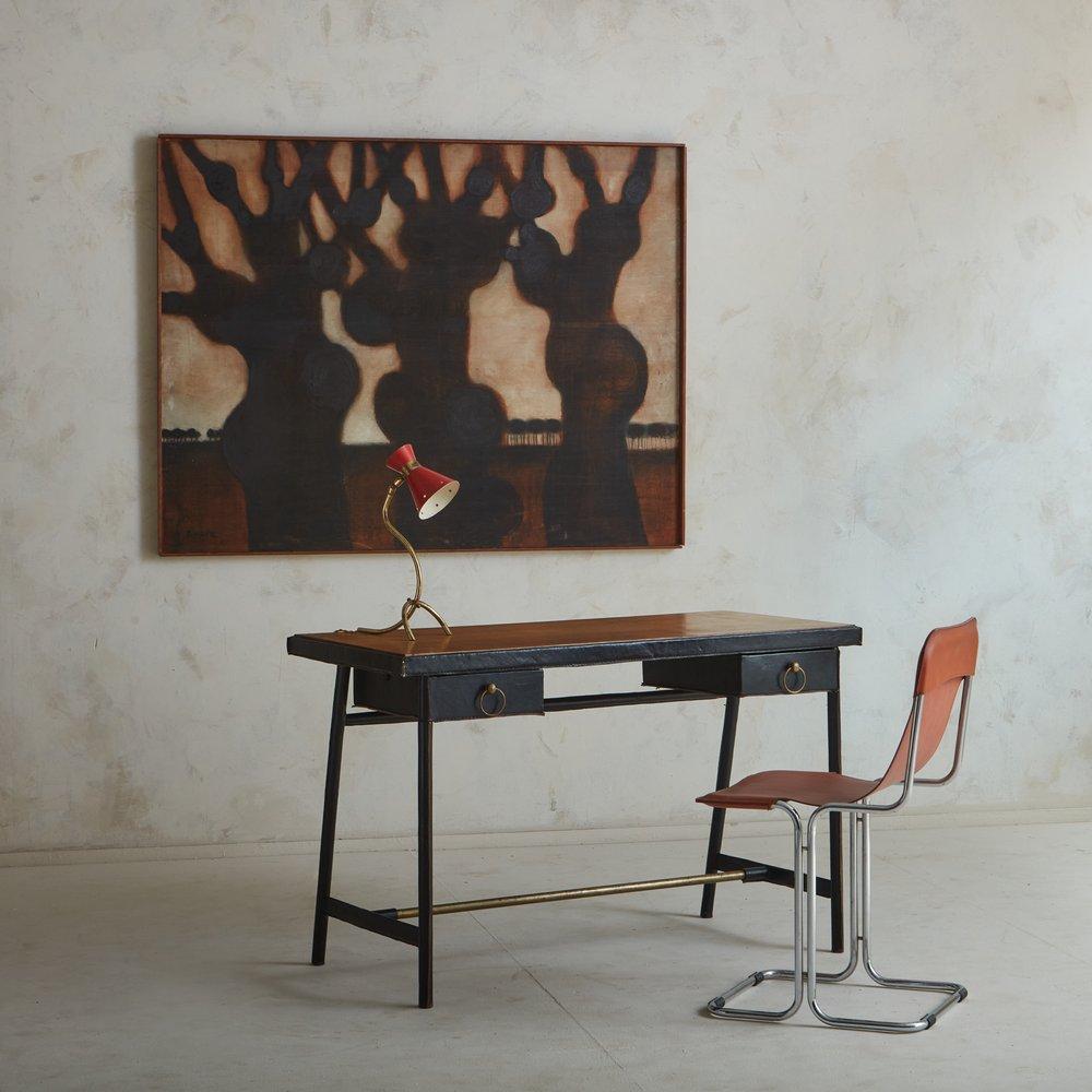 French Leather + Wood Writing Desk Attributed to Jacques Adnet, France 1950s For Sale